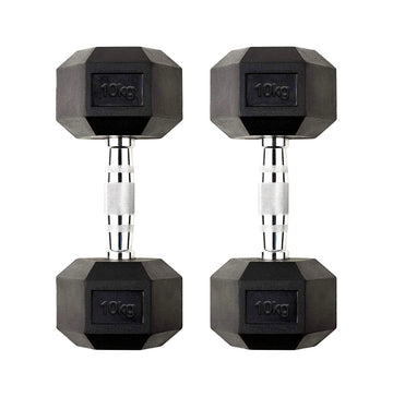 Strength Training with 10kg Dumbbell Rubber Coated Hex Weights with Cast Iron Core & Chrome Knurled Handles for Home Gym Use