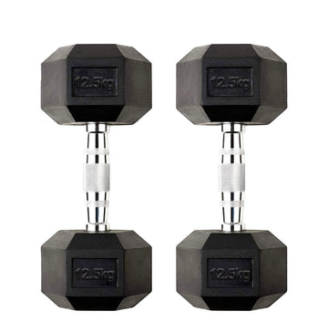Rubber Hex Dumbbell 12.5kg – Solid Cast Iron Weights with Anti Roll Design & Chrome Knurled Handles for Strength Workouts at Home