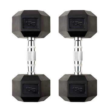 15kg Hex Dumbbell Rubber-Coated Cast Iron Pair with Chrome Knurled Handles – Space-Saving Anti Roll Weights for Home Gym & Strength Workouts