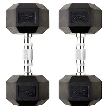 Heavy-Duty 25kg Hex Dumbbell Set – Rubber Coated Cast Iron Weights with Chrome Knurled Handles & Anti Roll Design for Home Gym Strength Training UK