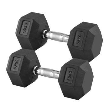 Heavy Duty Pair of 55kg Hex Dumbbells – 2 x 55kg Dumbbells with Rubber Coated Heads & Knurled Chrome Handles for Strength Training & Home Gym