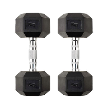 Set of 5kg Hex Dumbbells – Rubber Coated Cast Iron with Chrome Knurled Handles – Compact Anti Roll Weights for Strength Training at Home Gym UK