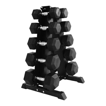 Full 5-Pair Hex Dumbbell Set 2.5kg–25kg with Optional Tier 5 Tree Rack – Robust Rubber-Coated Cast Iron Weights for Strength Training at Home or in Studios