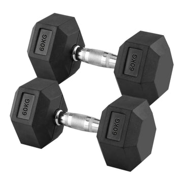 Rubber Coated Cast Iron 60kg Hex Dumbbell Pair – Anti Roll Hex Heads & Chrome Knurled Handles – Heavy Fixed Set for Advanced Home Gym Training