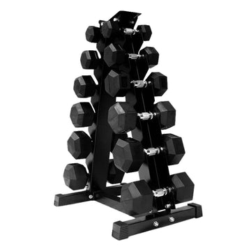 6-Pair Hex Dumbbell Set 2.5kg–15kg with Optional Tier 6 Rack – Premium Rubber-Coated Anti-Roll Weights for Home Gym Strength Training, Compact & Space-Saving