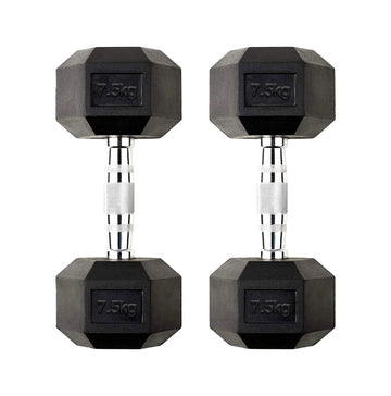 Home Gym 7.5kg Dumbbell Compact Rubber Coated Hex Weights with Cast Iron Core & Knurled Chrome Handles