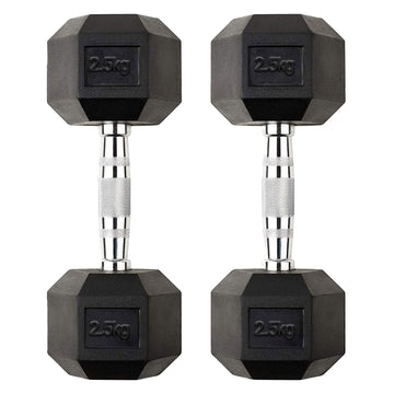 Pair of 2.5kg Hex Dumbbells – Rubber Coated Cast Iron with Chrome Knurled Handles – Compact Anti Roll Free Weights for Home Fitness & Strength Training