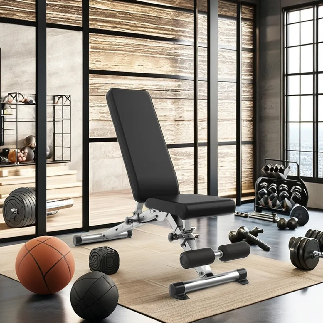 Multi-Position Workout Bench with Dip Bar & Barbell Rack | Full-Body Strength Training Bench for Core, Weightlifting & Home Gym Use