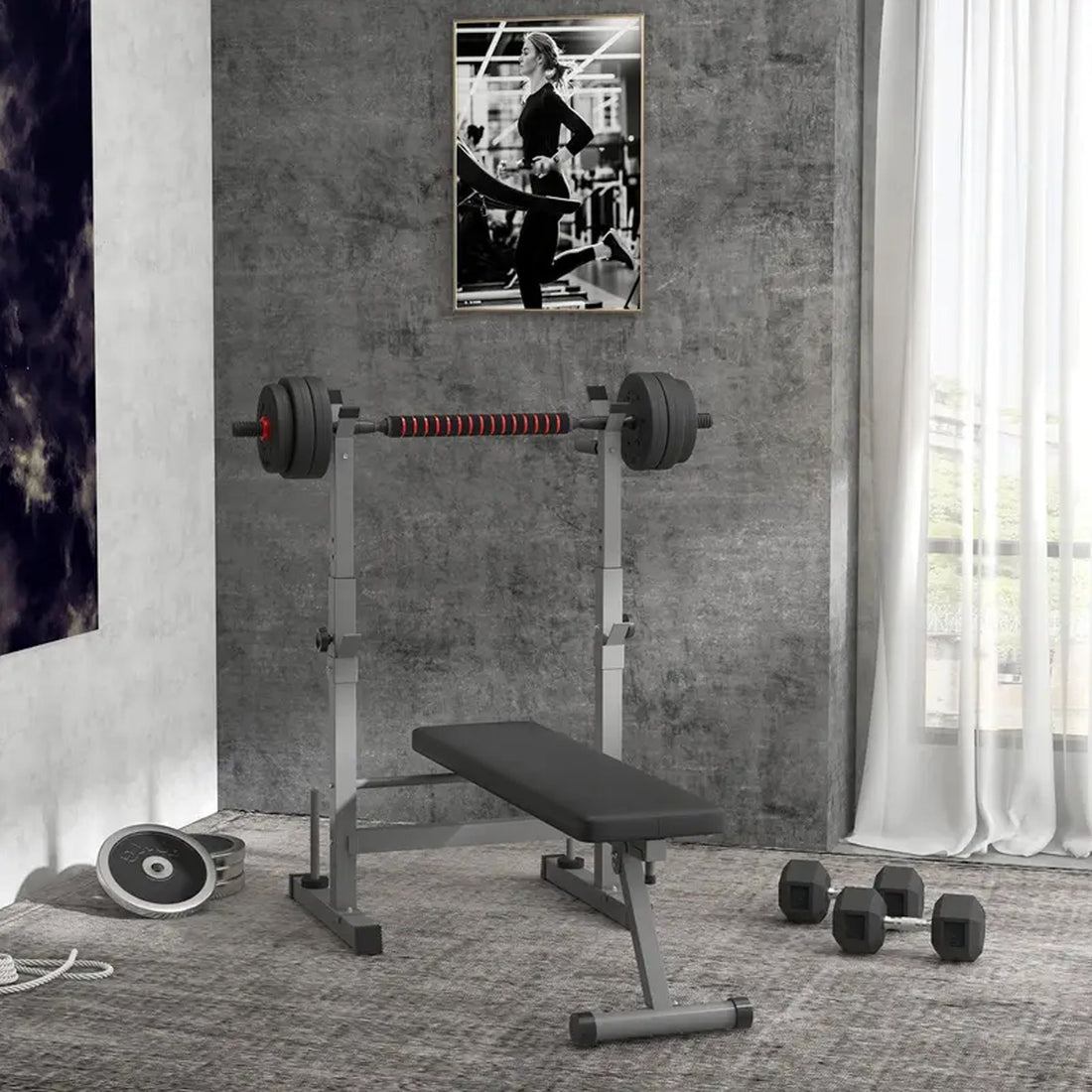 Home Strength Training Bench – Foldable Adjustable Frame with Dip Station & Barbell Rack for Compact and Full-Body Fitness