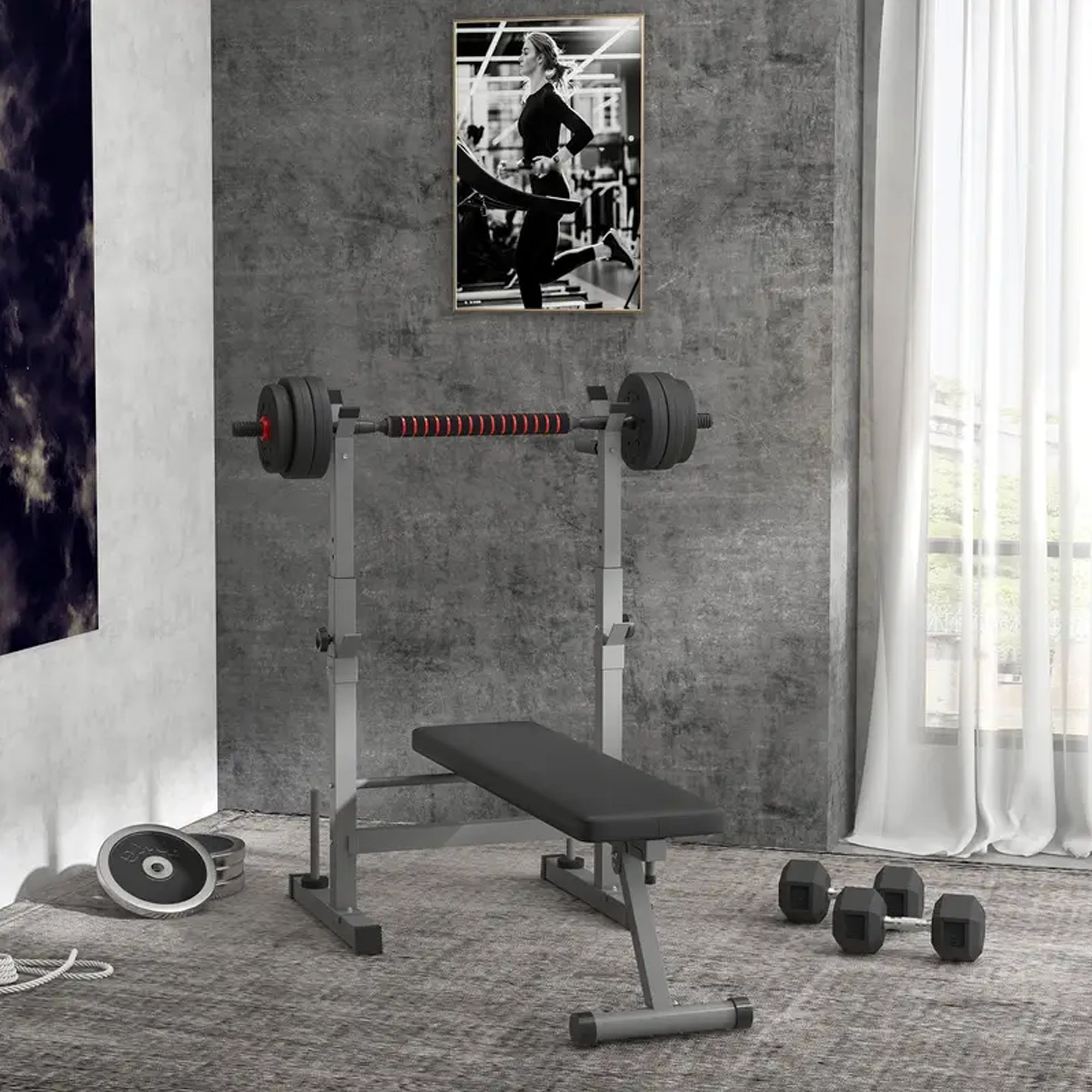 Home Strength Training Bench – Foldable Adjustable Frame with Dip Station & Barbell Rack for Compact and Full-Body Fitness