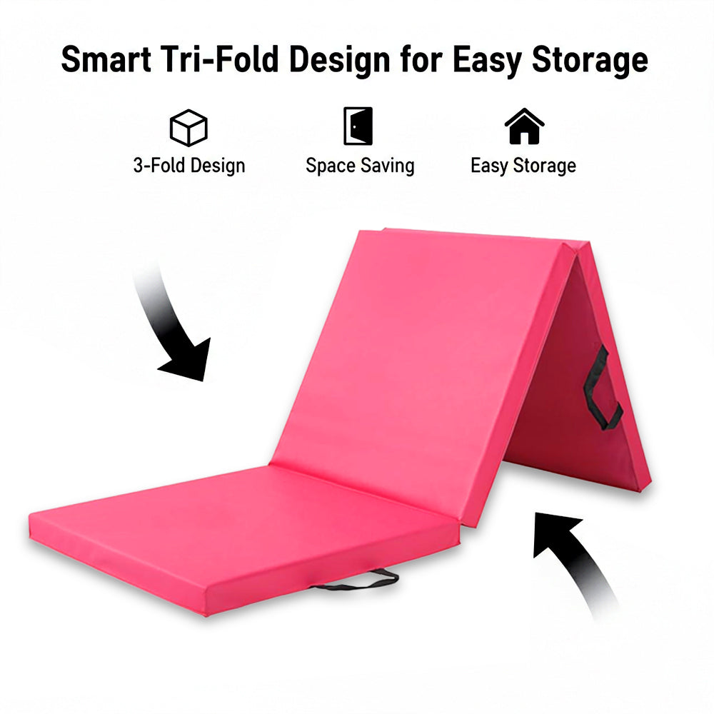 Tri-Fold Yoga & Gymnastics Mat 6FT PU Leather 5cm Thick High Density Foam, Non Slip Exercise Crash Pad