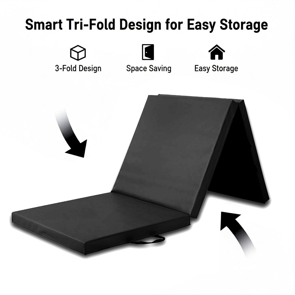 Tri-Fold Yoga & Gymnastics Mat 6FT PU Leather 5cm Thick High Density Foam, Non Slip Exercise Crash Pad