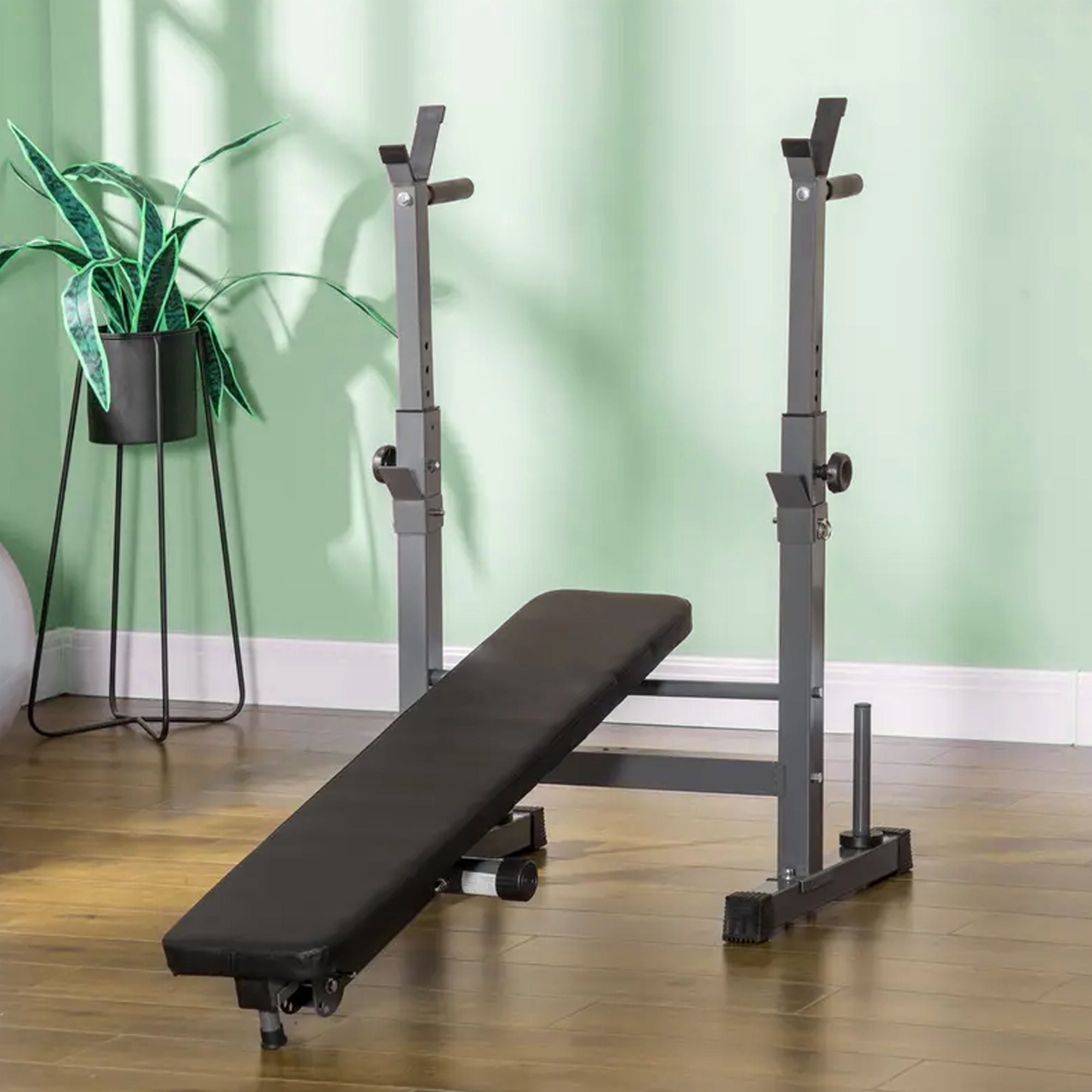 Home Strength Training Bench – Foldable Adjustable Frame with Dip Station & Barbell Rack for Compact and Full-Body Fitness
