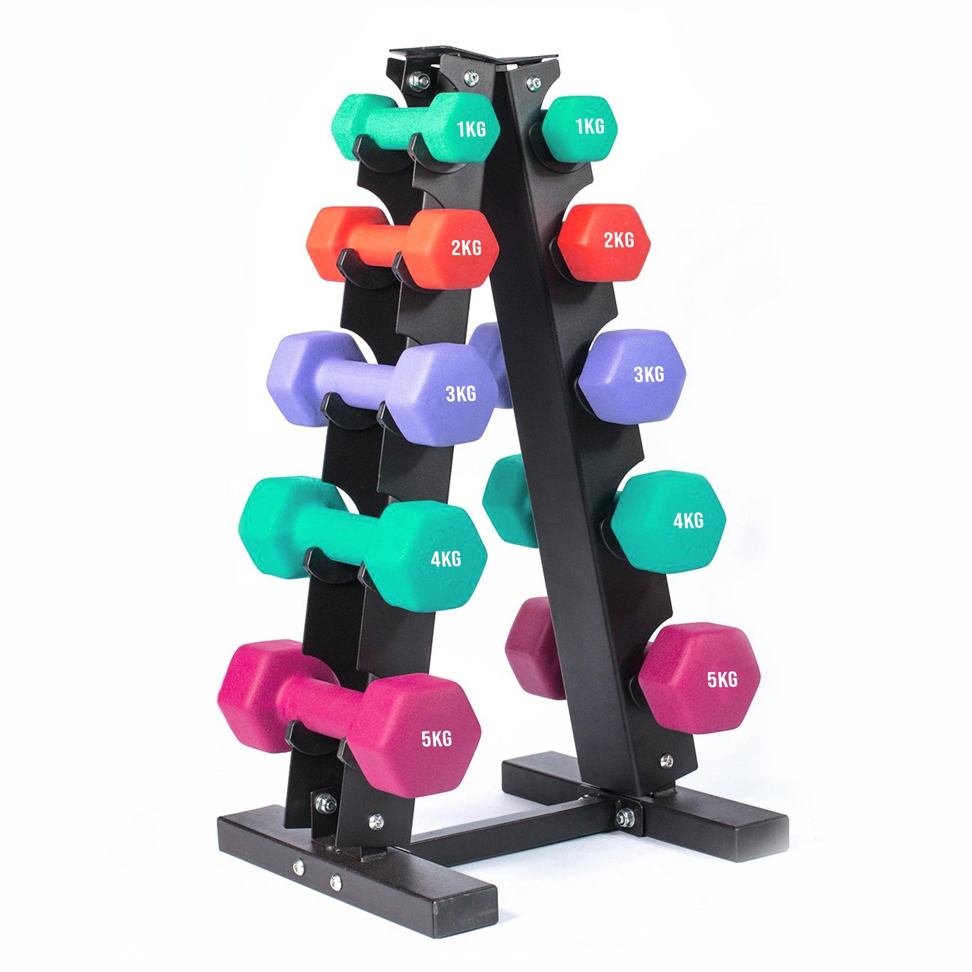 Neoprene Dumbbell Tree Rack | Steel, 3/5 Tier Compact Storage, Anti‑Roll Cradles for Neoprene/Vinyl Weights – Sleek Home Gym Organizer