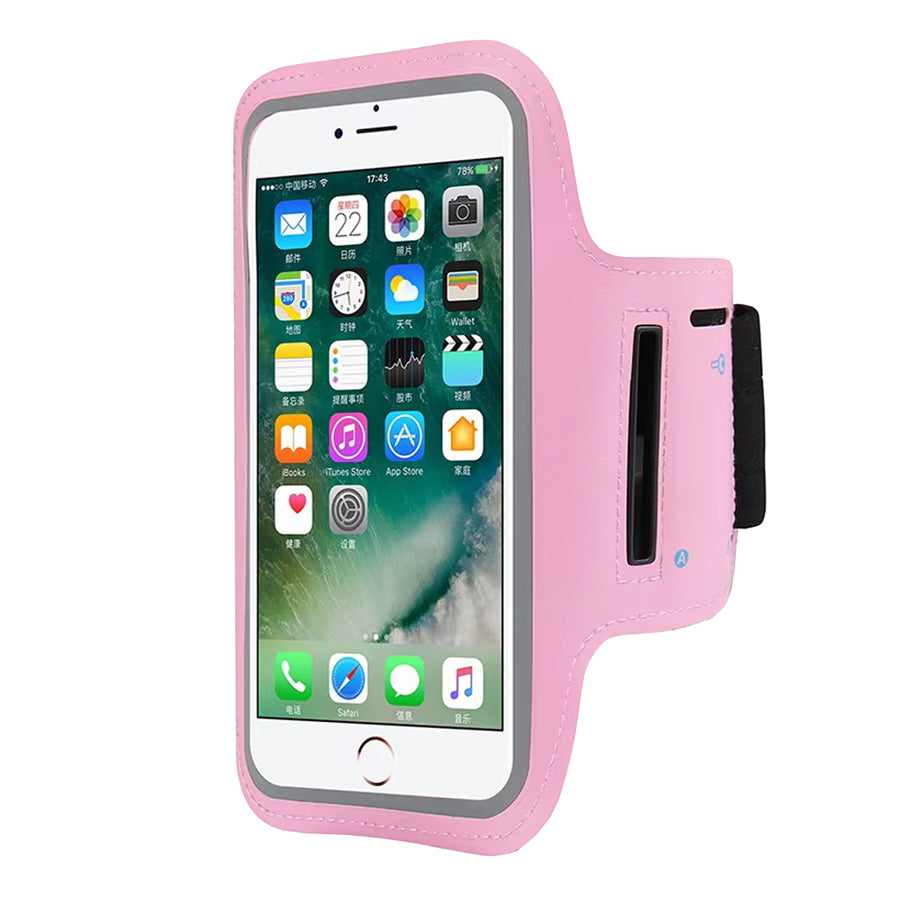 Pink armband with smartphone displaying app icons on a white background