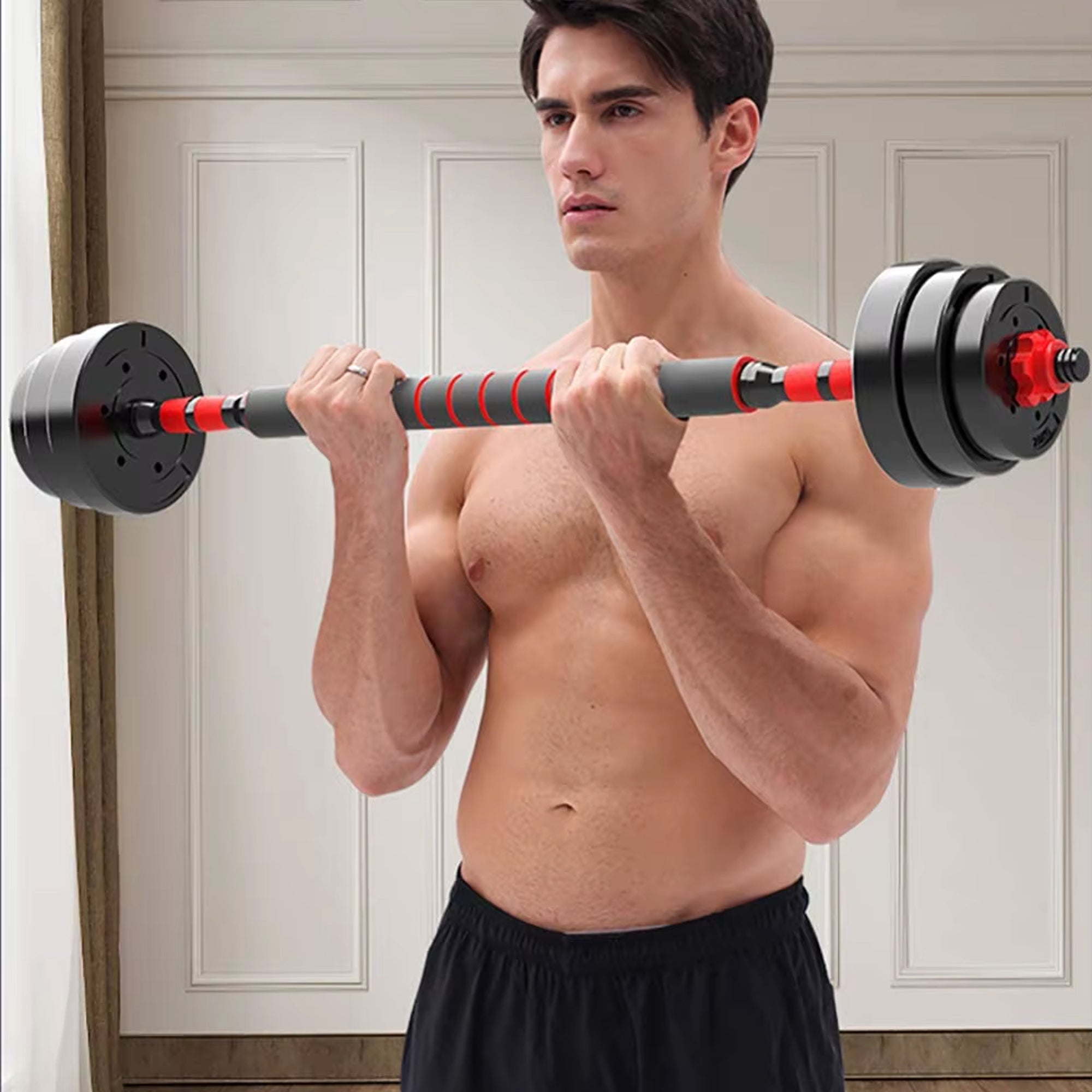 Adjustable Dumbbell & Barbell Set – 2-in1 Vinyl Coated 20‑30 kg, Multi‑Grip Handle, Space‑Saving Strength Training for Home Gym