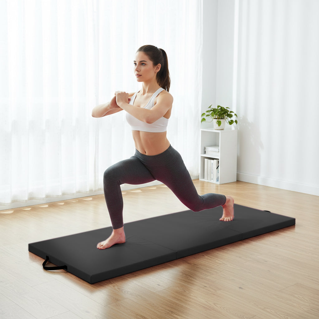 Tri-Fold Yoga & Gymnastics Mat 6FT PU Leather 5cm Thick High Density Foam, Non Slip Exercise Crash Pad