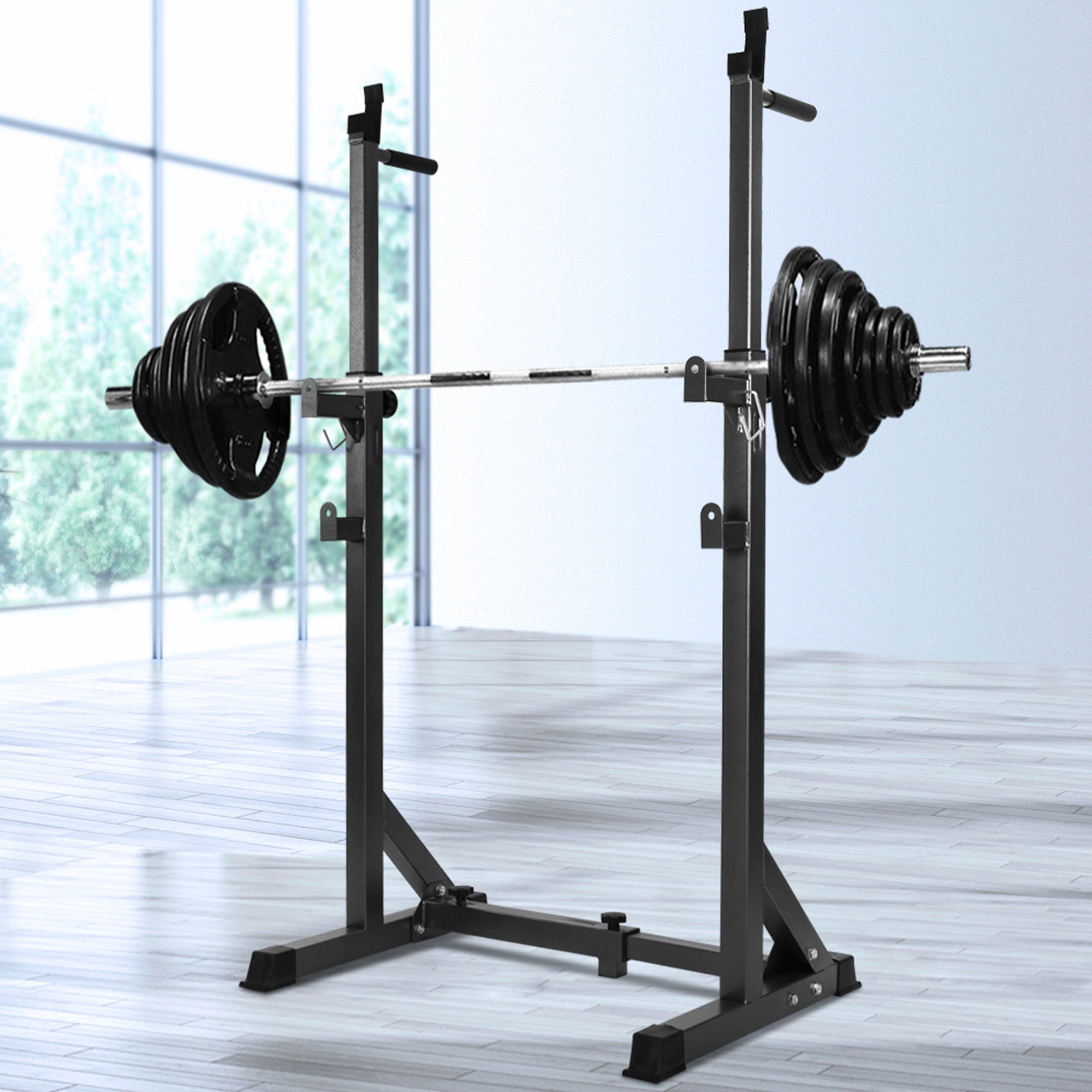 Heavy-Duty Adjustable Half Squat Rack with Dip Station & Spotters, 200KG Max Load – Powder-Coated Steel Strength Training Stand for Home Gym