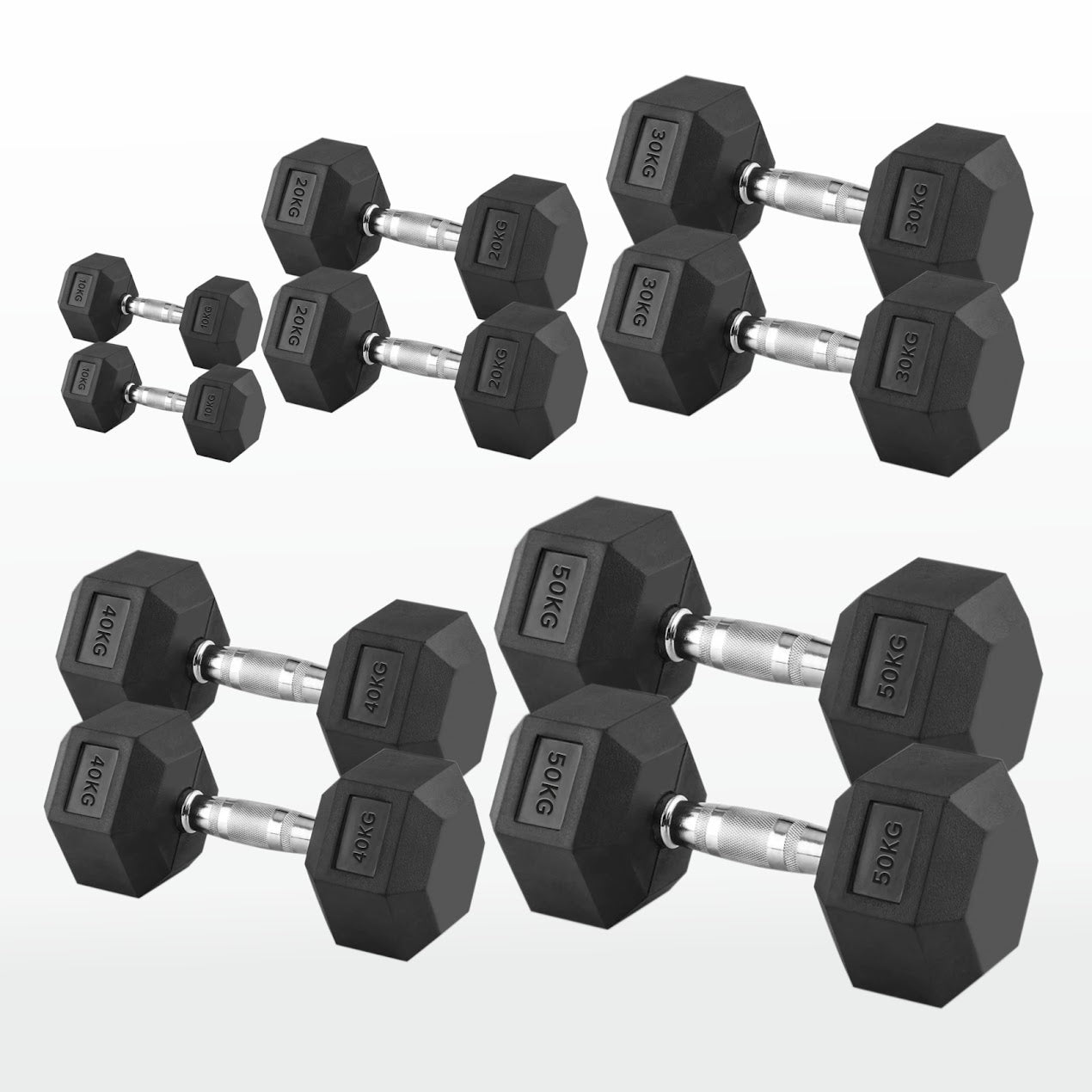 Hex Dumbbells 2.5kg–60kg Full Set or Pairs – Rubber-Coated Weights with Anti-Roll Design & Knurled Steel Handles – For Home Gym or Studio Strength Training