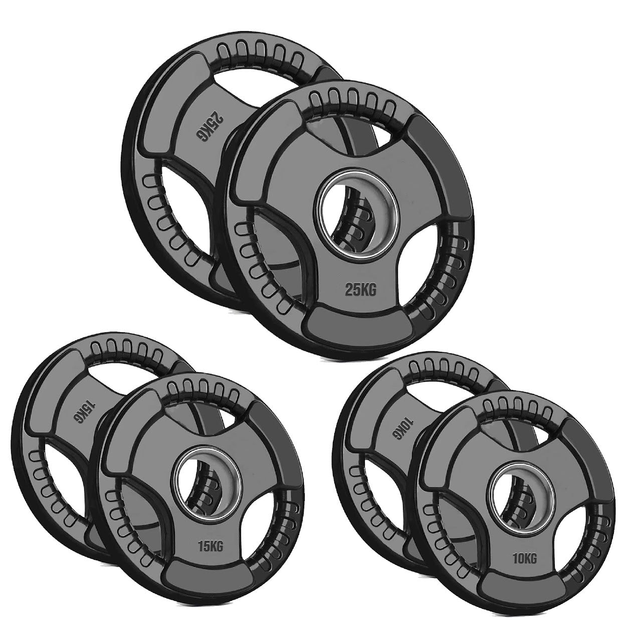 Rubber-Coated Cast Iron Tri‑Grip Olympic Weight Plates – Ergonomic 2‑Hole Design for Barbell & Dumbbell Strength Training in Home Gym