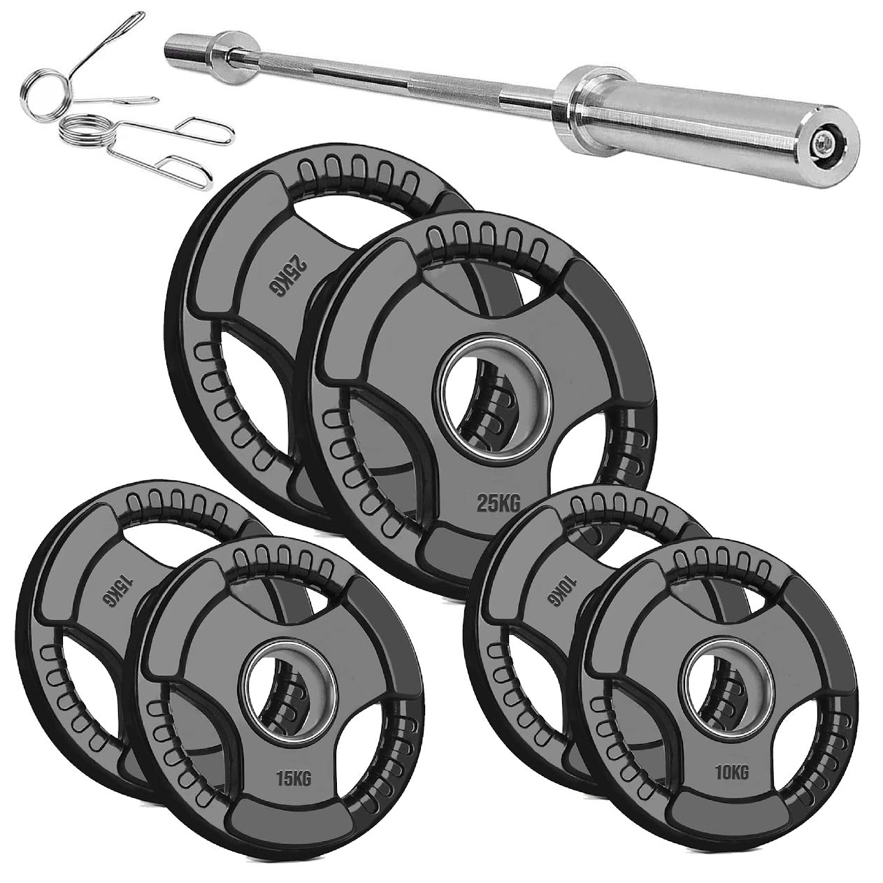 Rubber-Coated Cast Iron Tri‑Grip Olympic Weight Plates – Ergonomic 2‑Hole Design for Barbell & Dumbbell Strength Training in Home Gym