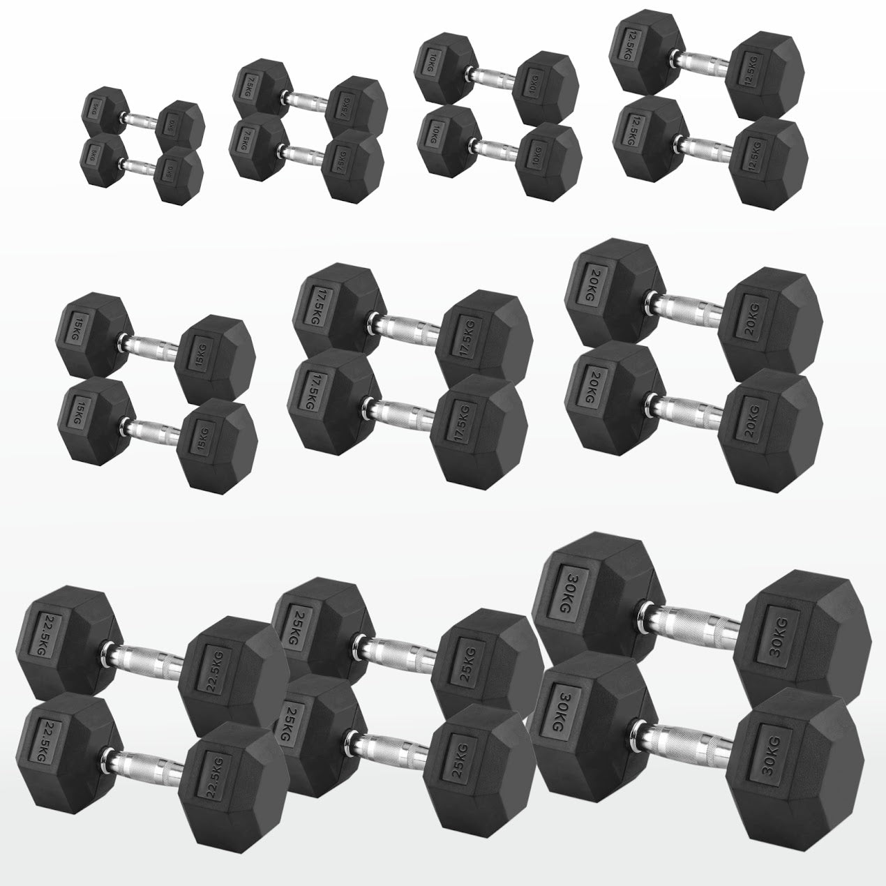 Hex Dumbbells 2.5kg–60kg Full Set or Pairs – Rubber-Coated Weights with Anti-Roll Design & Knurled Steel Handles – For Home Gym or Studio Strength Training