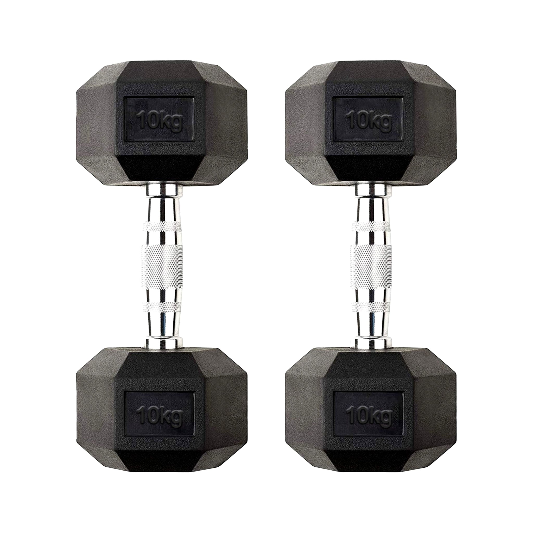 Strength Training with 10kg Dumbbell Rubber Coated Hex Weights with Cast Iron Core & Chrome Knurled Handles for Home Gym Use