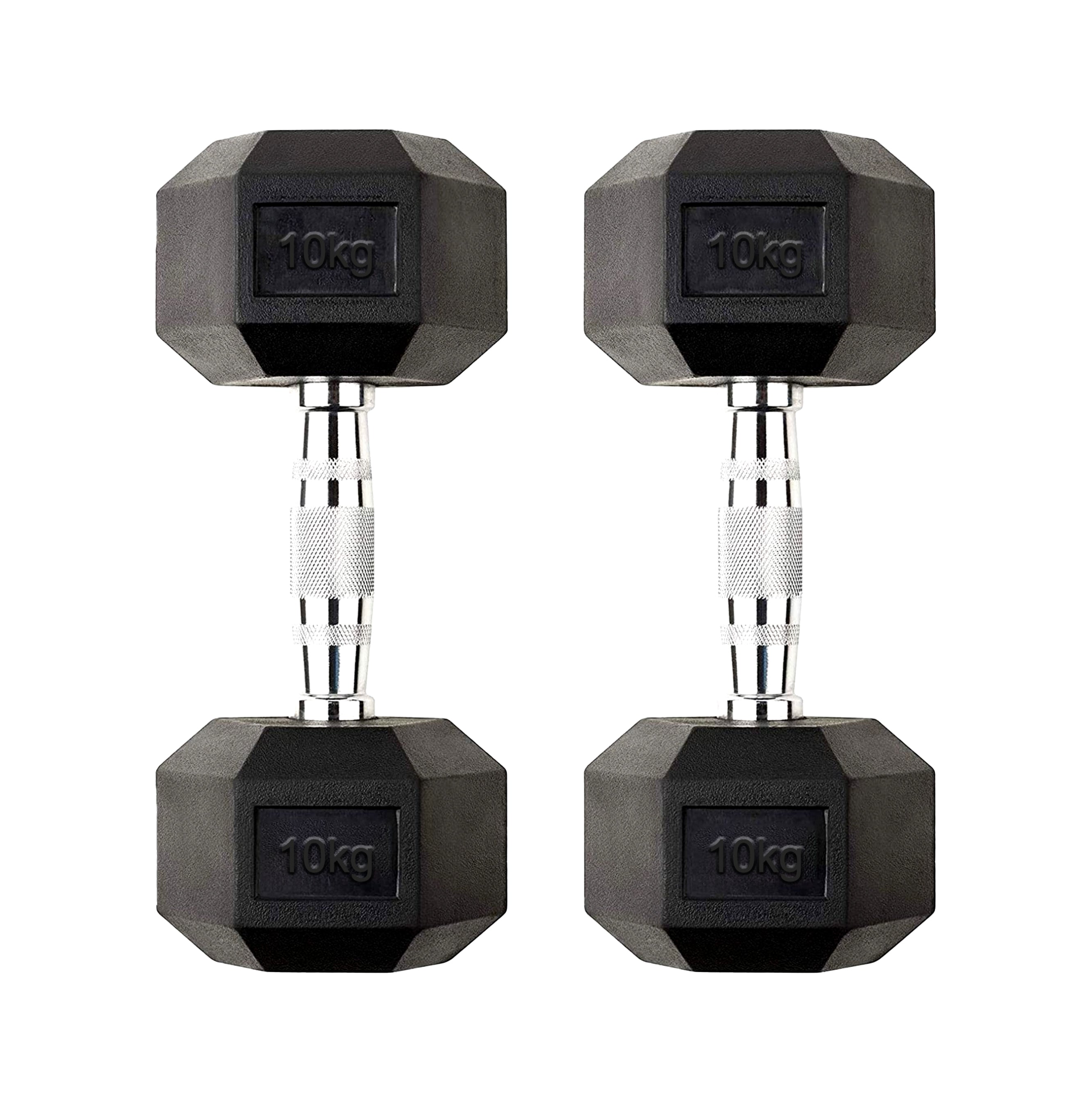 Strength Training with 10kg Dumbbell Rubber Coated Hex Weights with Cast Iron Core & Chrome Knurled Handles for Home Gym Use