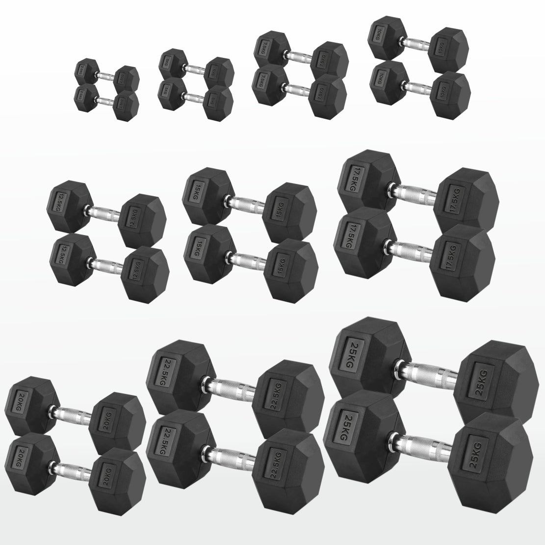 Hex Dumbbells 2.5kg–60kg Full Set or Pairs – Rubber-Coated Weights with Anti-Roll Design & Knurled Steel Handles – For Home Gym or Studio Strength Training