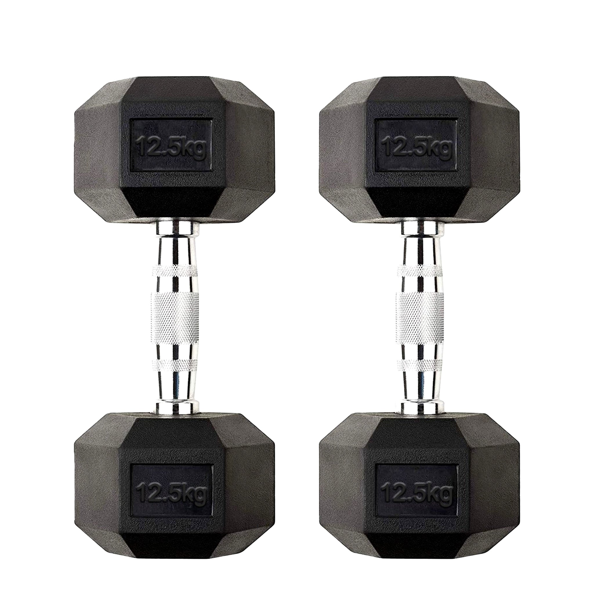 Rubber Hex Dumbbell 12.5kg – Solid Cast Iron Weights with Anti Roll Design & Chrome Knurled Handles for Strength Workouts at Home