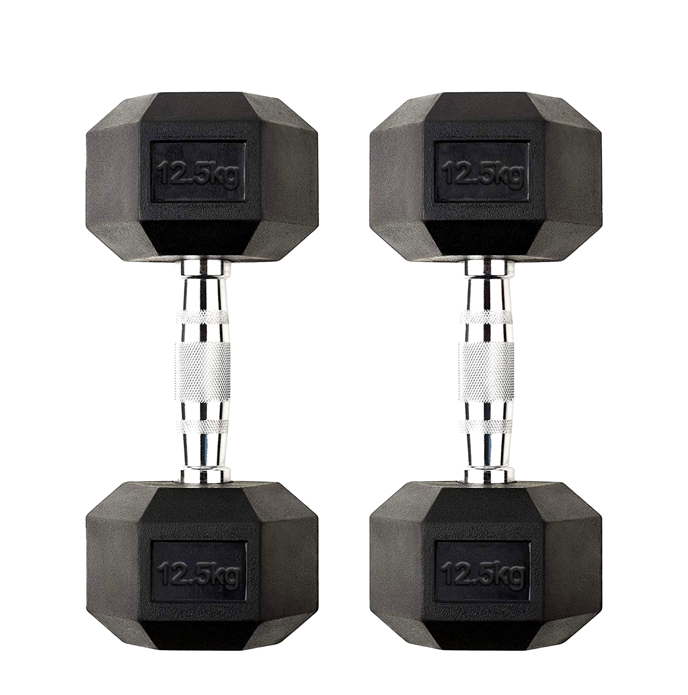 Rubber Hex Dumbbell 12.5kg – Solid Cast Iron Weights with Anti Roll Design & Chrome Knurled Handles for Strength Workouts at Home
