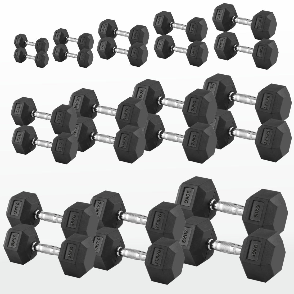 Hex Dumbbells 2.5kg–60kg Full Set or Pairs – Rubber-Coated Weights with Anti-Roll Design & Knurled Steel Handles – For Home Gym or Studio Strength Training