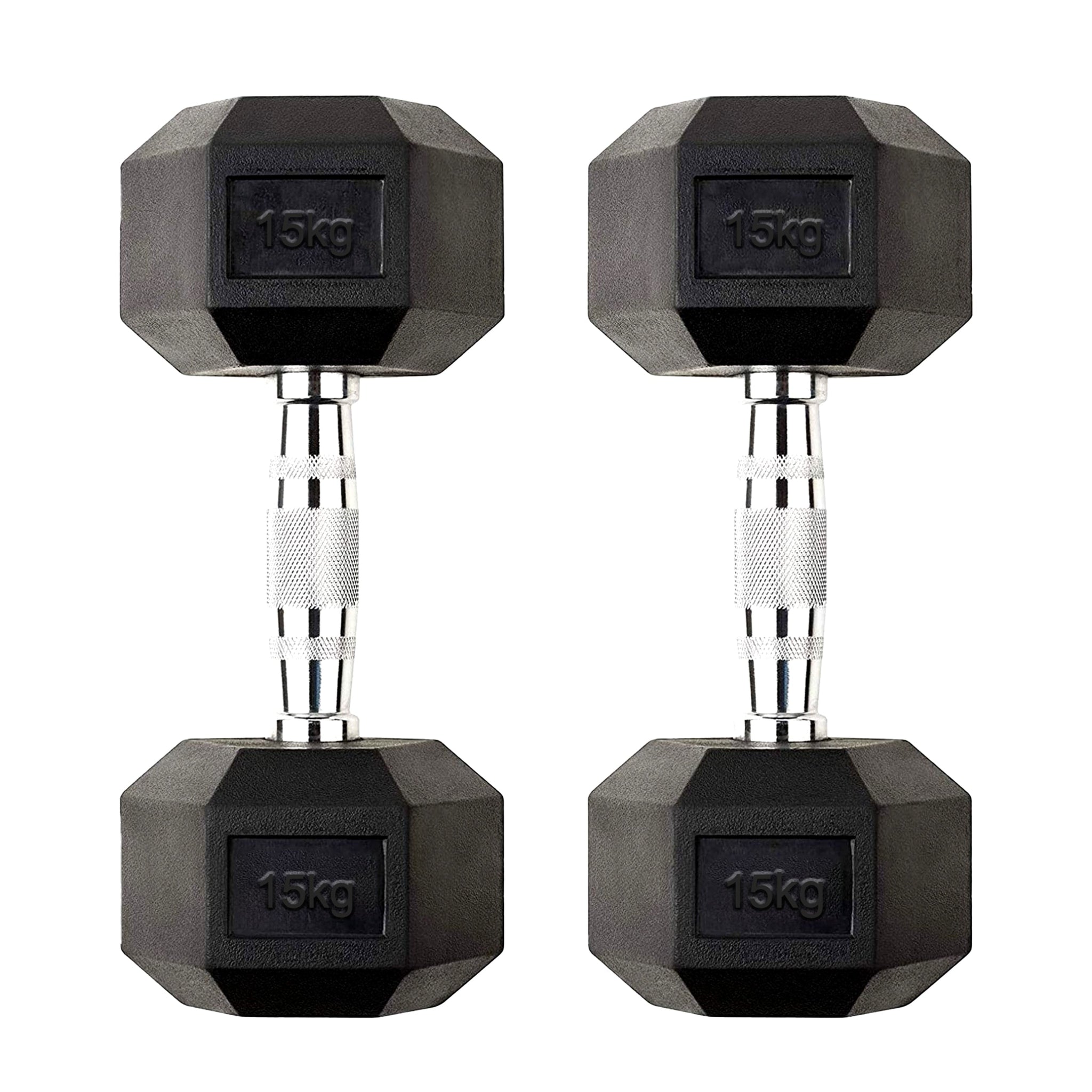 15kg Hex Dumbbell Rubber-Coated Cast Iron Pair with Chrome Knurled Handles – Space-Saving Anti Roll Weights for Home Gym & Strength Workouts