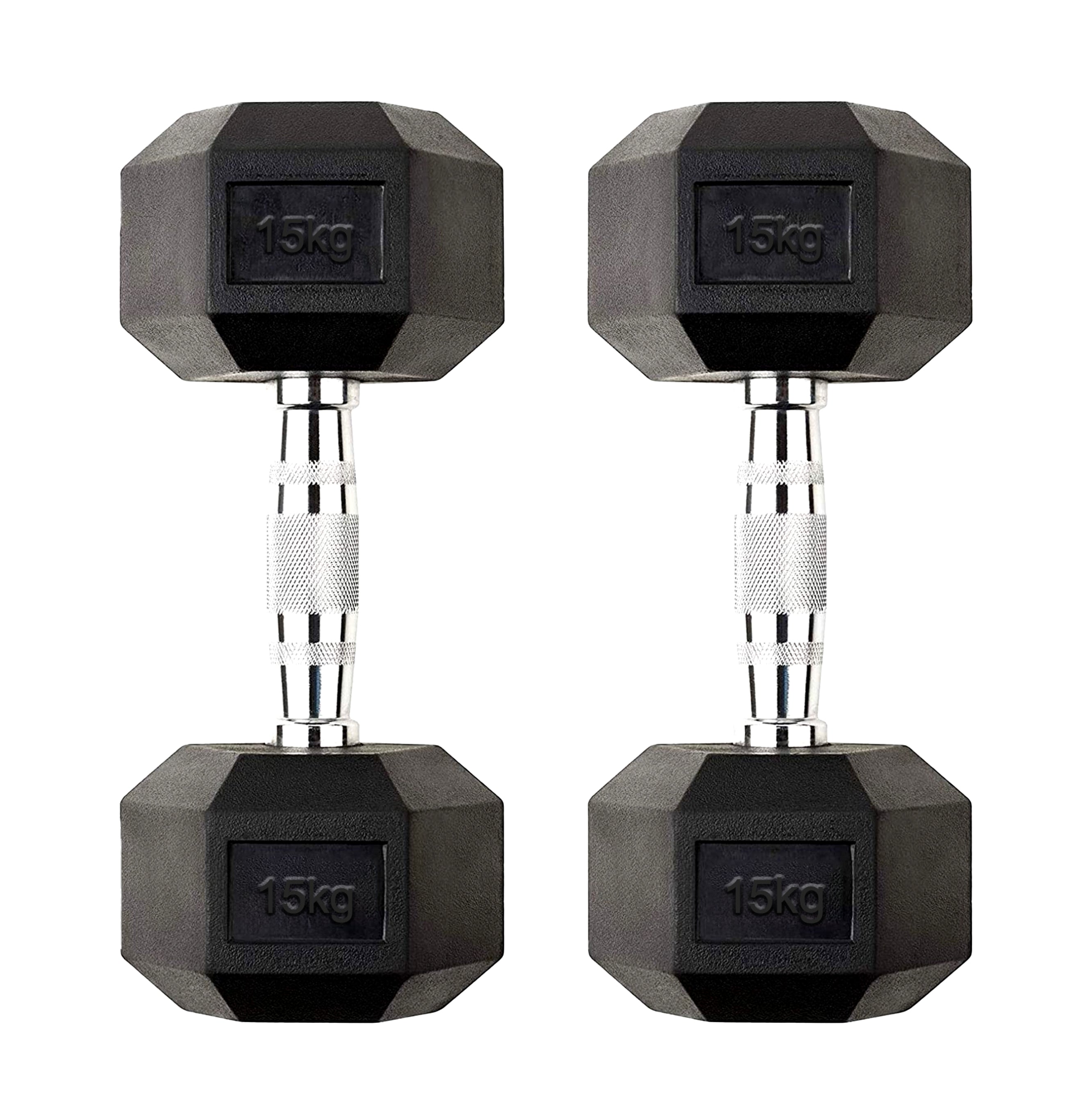15kg Hex Dumbbell Rubber-Coated Cast Iron Pair with Chrome Knurled Handles – Space-Saving Anti Roll Weights for Home Gym & Strength Workouts