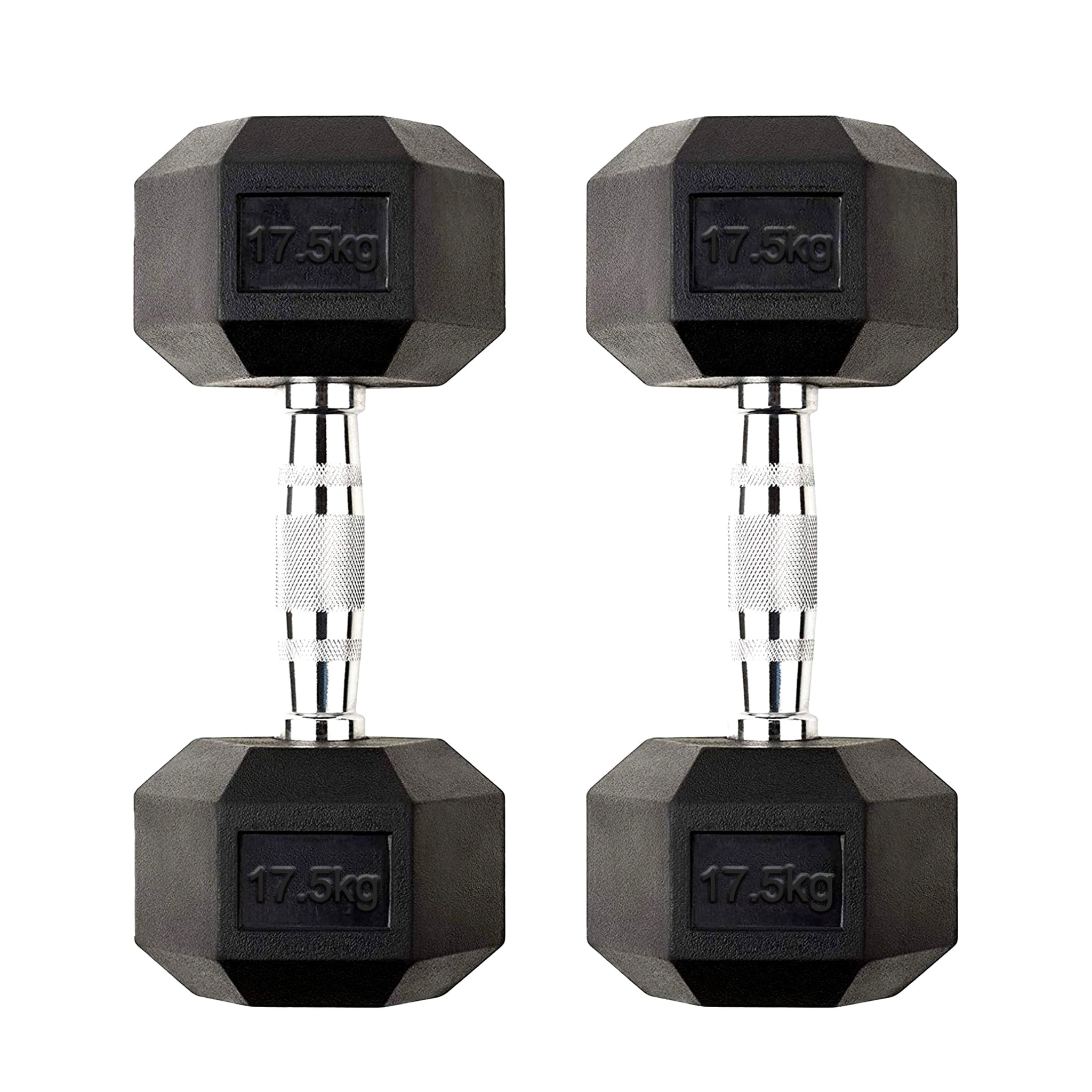 Versatile 17.5 kg Hex Dumbbell Set – Rubber Coated Cast Iron with Ergonomic Chrome Knurled Handles & Anti Roll Heads for Home Strength UK