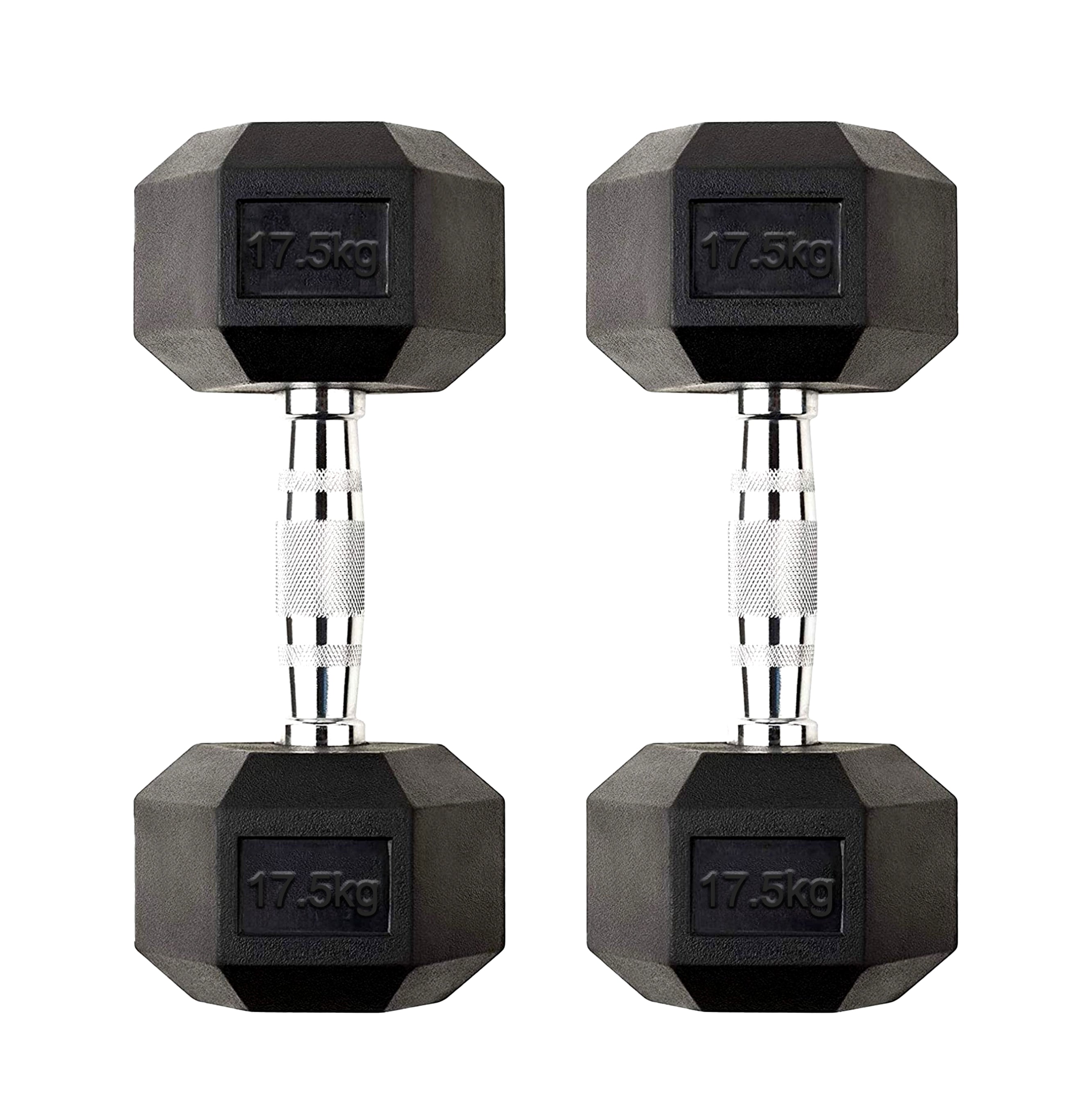 Versatile 17.5 kg Hex Dumbbell Set – Rubber Coated Cast Iron with Ergonomic Chrome Knurled Handles & Anti Roll Heads for Home Strength UK