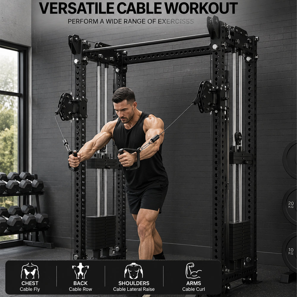 Dual Cable Training Cage with Squat Rack, Pulley System & Chin-Up Bar