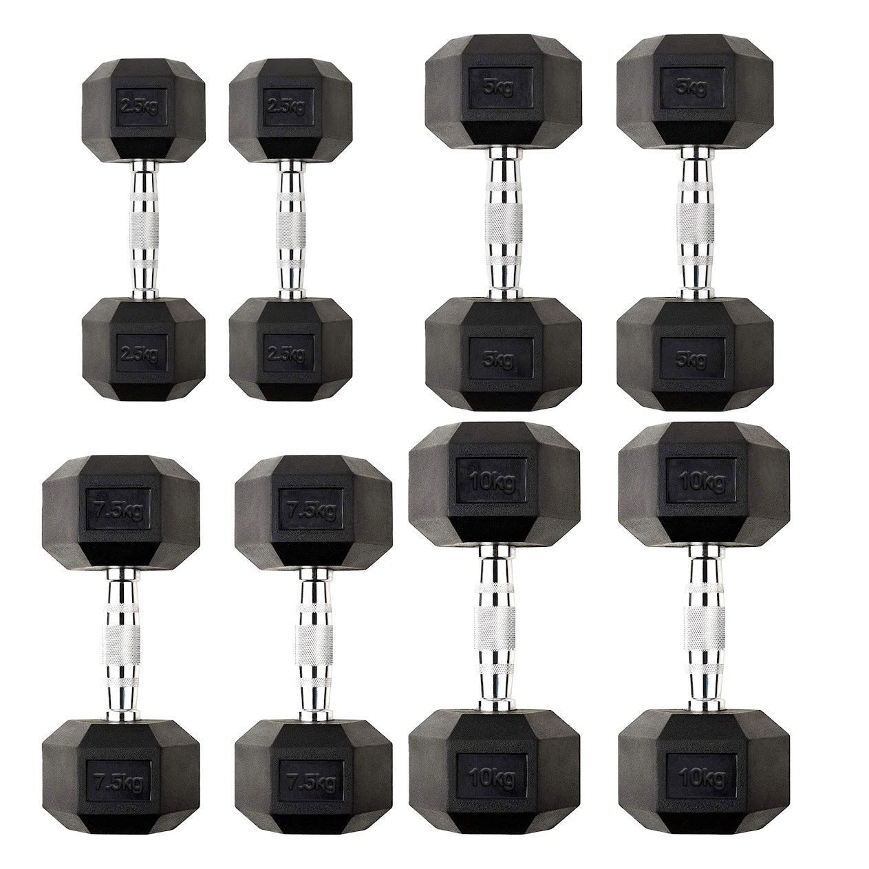Hex Dumbbells 2.5kg–60kg Full Set or Pairs – Rubber-Coated Weights with Anti-Roll Design & Knurled Steel Handles – For Home Gym or Studio Strength Training