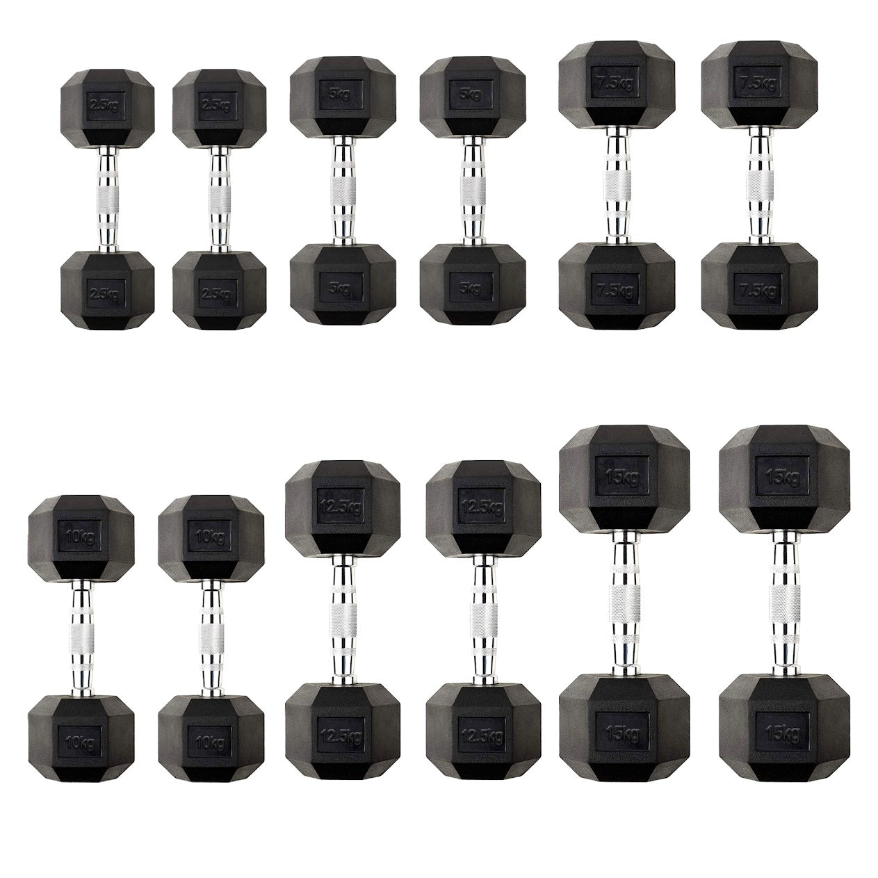 Hex Dumbbells 2.5kg–60kg Full Set or Pairs – Rubber-Coated Weights with Anti-Roll Design & Knurled Steel Handles – For Home Gym or Studio Strength Training