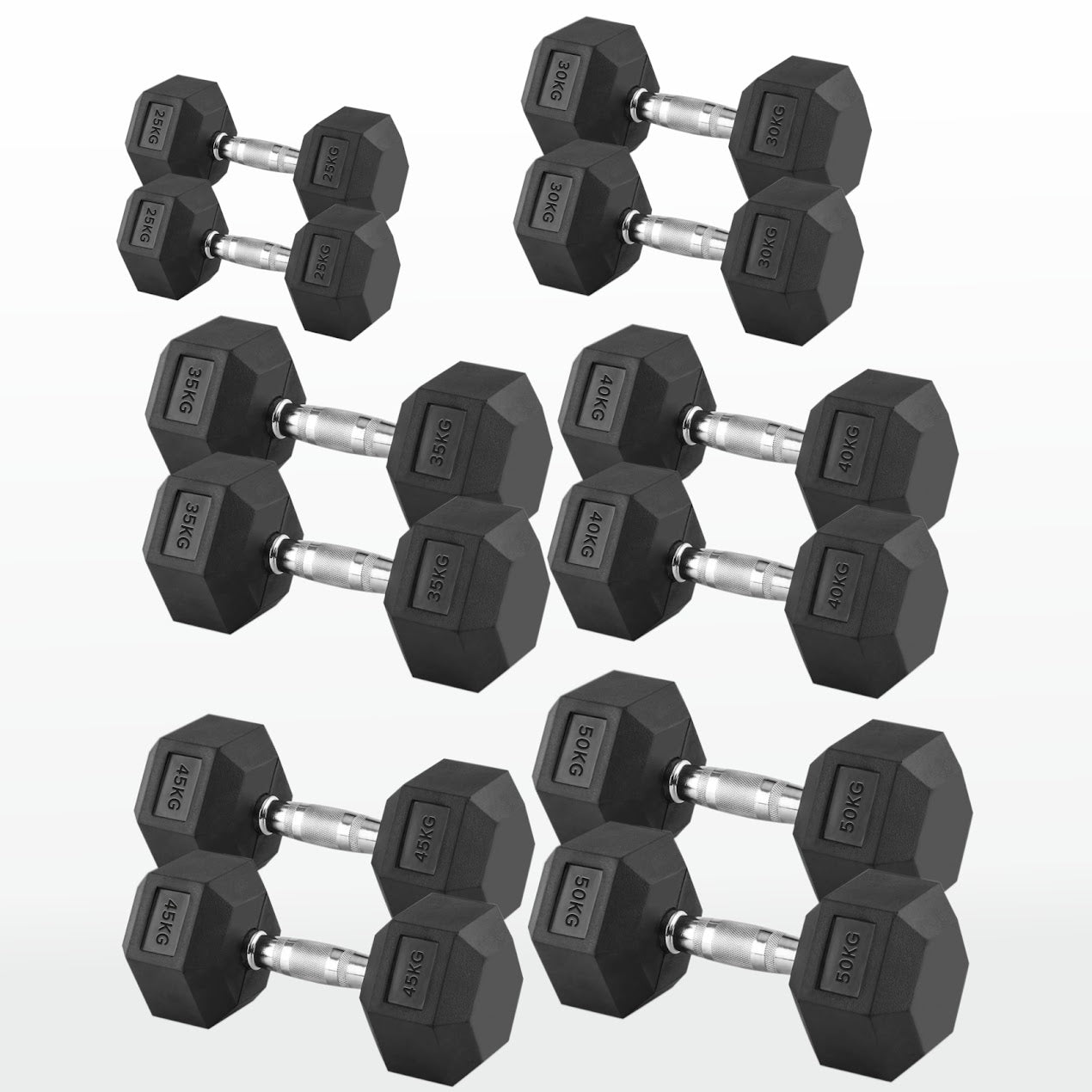 Hex Dumbbells 2.5kg–60kg Full Set or Pairs – Rubber-Coated Weights with Anti-Roll Design & Knurled Steel Handles – For Home Gym or Studio Strength Training