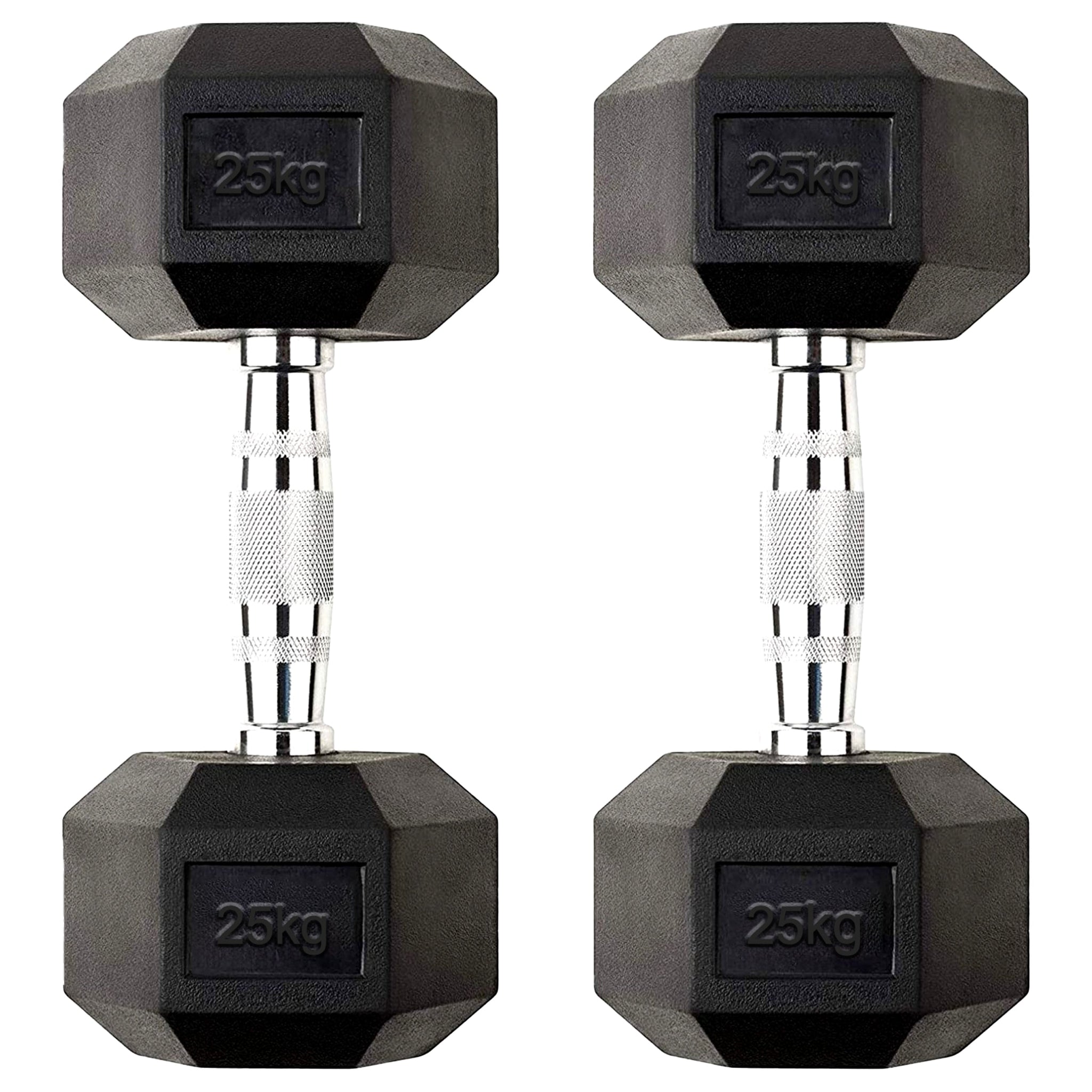 Heavy-Duty 25kg Hex Dumbbell Set – Rubber Coated Cast Iron Weights with Chrome Knurled Handles & Anti Roll Design for Home Gym Strength Training UK