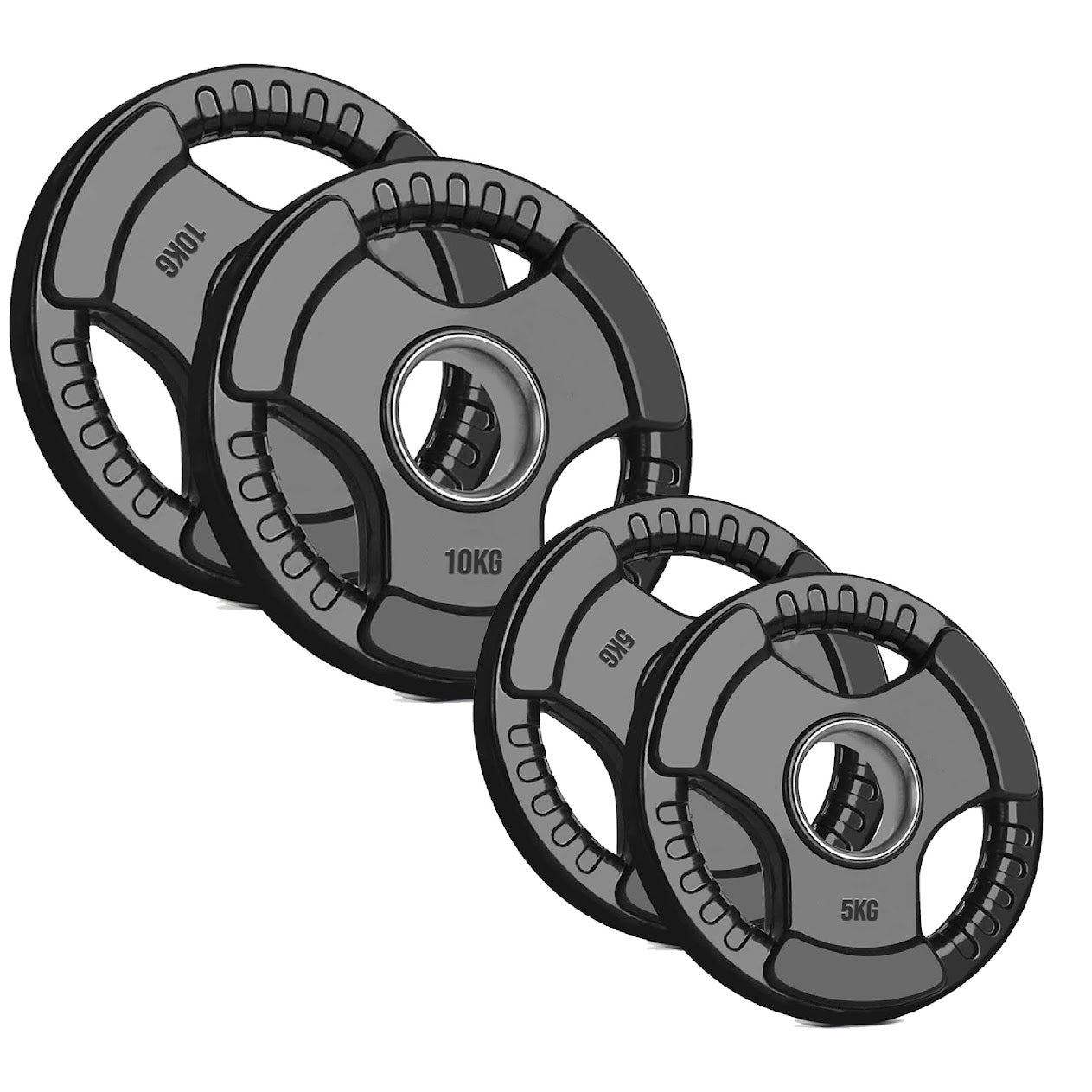 Rubber-Coated Cast Iron Tri‑Grip Olympic Weight Plates – Ergonomic 2‑Hole Design for Barbell & Dumbbell Strength Training in Home Gym