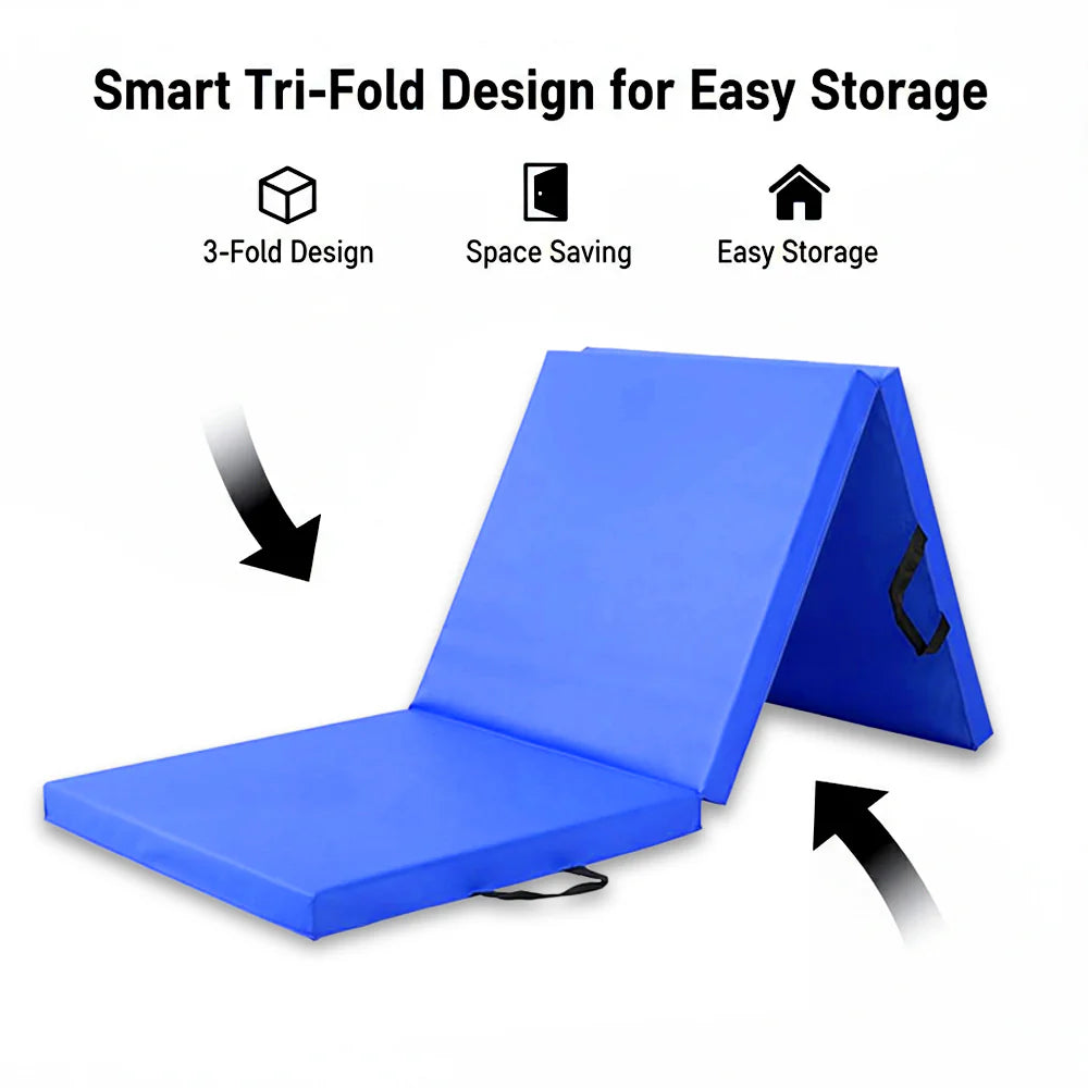 Tri-Fold Yoga & Gymnastics Mat 6FT PU Leather 5cm Thick High Density Foam, Non Slip Exercise Crash Pad