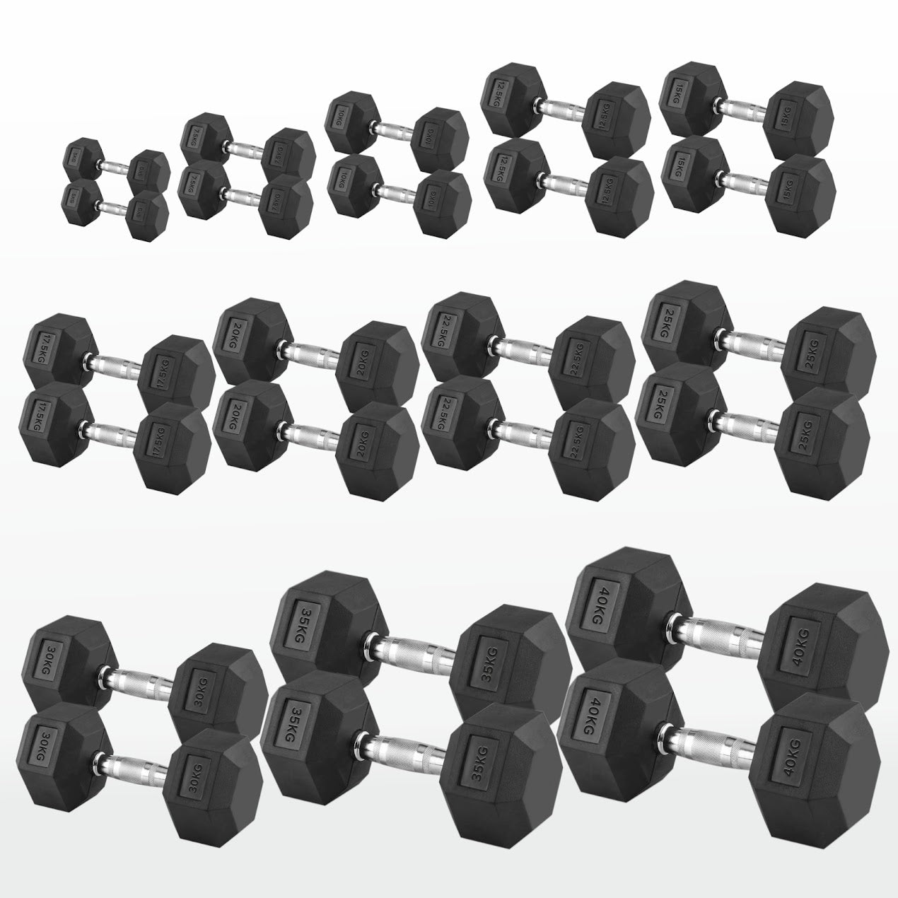 Hex Dumbbells 2.5kg–60kg Full Set or Pairs – Rubber-Coated Weights with Anti-Roll Design & Knurled Steel Handles – For Home Gym or Studio Strength Training