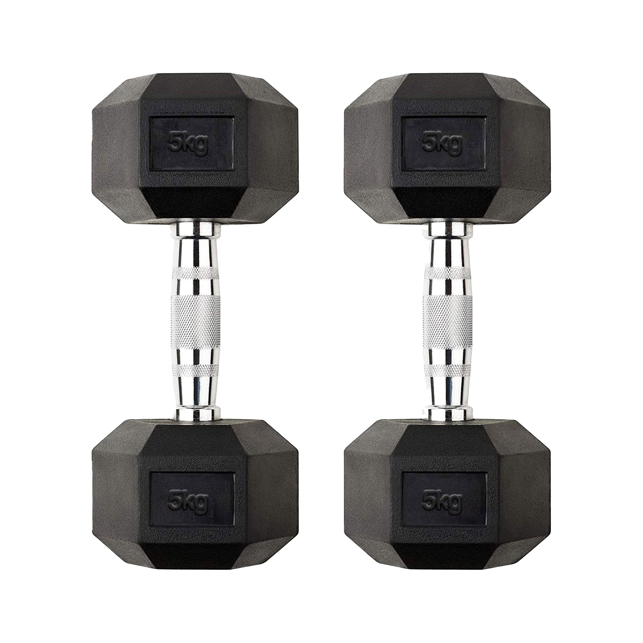 Set of 5kg Hex Dumbbells – Rubber Coated Cast Iron with Chrome Knurled Handles – Compact Anti Roll Weights for Strength Training at Home Gym UK
