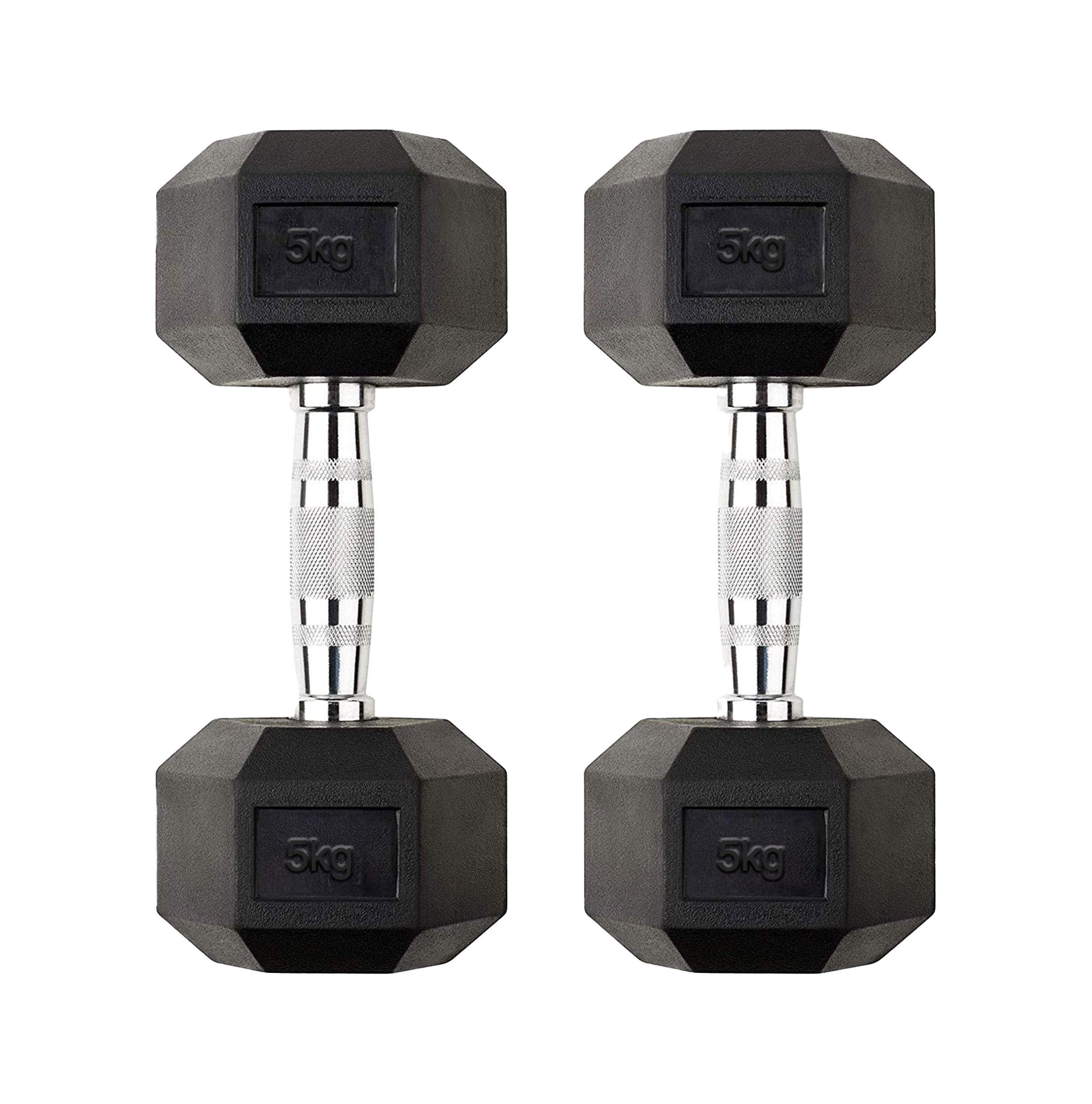 Set of 5kg Hex Dumbbells – Rubber Coated Cast Iron with Chrome Knurled Handles – Compact Anti Roll Weights for Strength Training at Home Gym UK