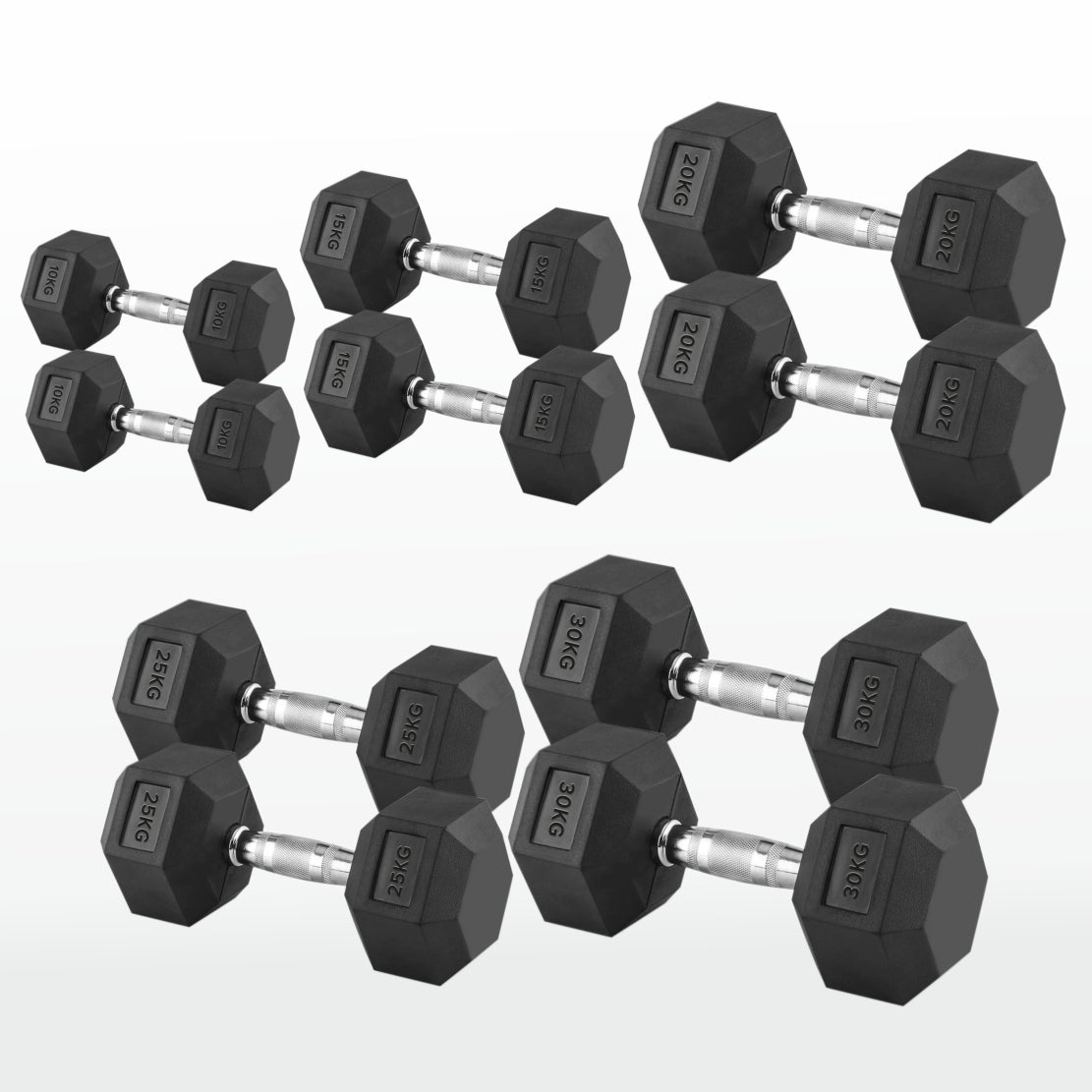 Hex Dumbbells 2.5kg–60kg Full Set or Pairs – Rubber-Coated Weights with Anti-Roll Design & Knurled Steel Handles – For Home Gym or Studio Strength Training