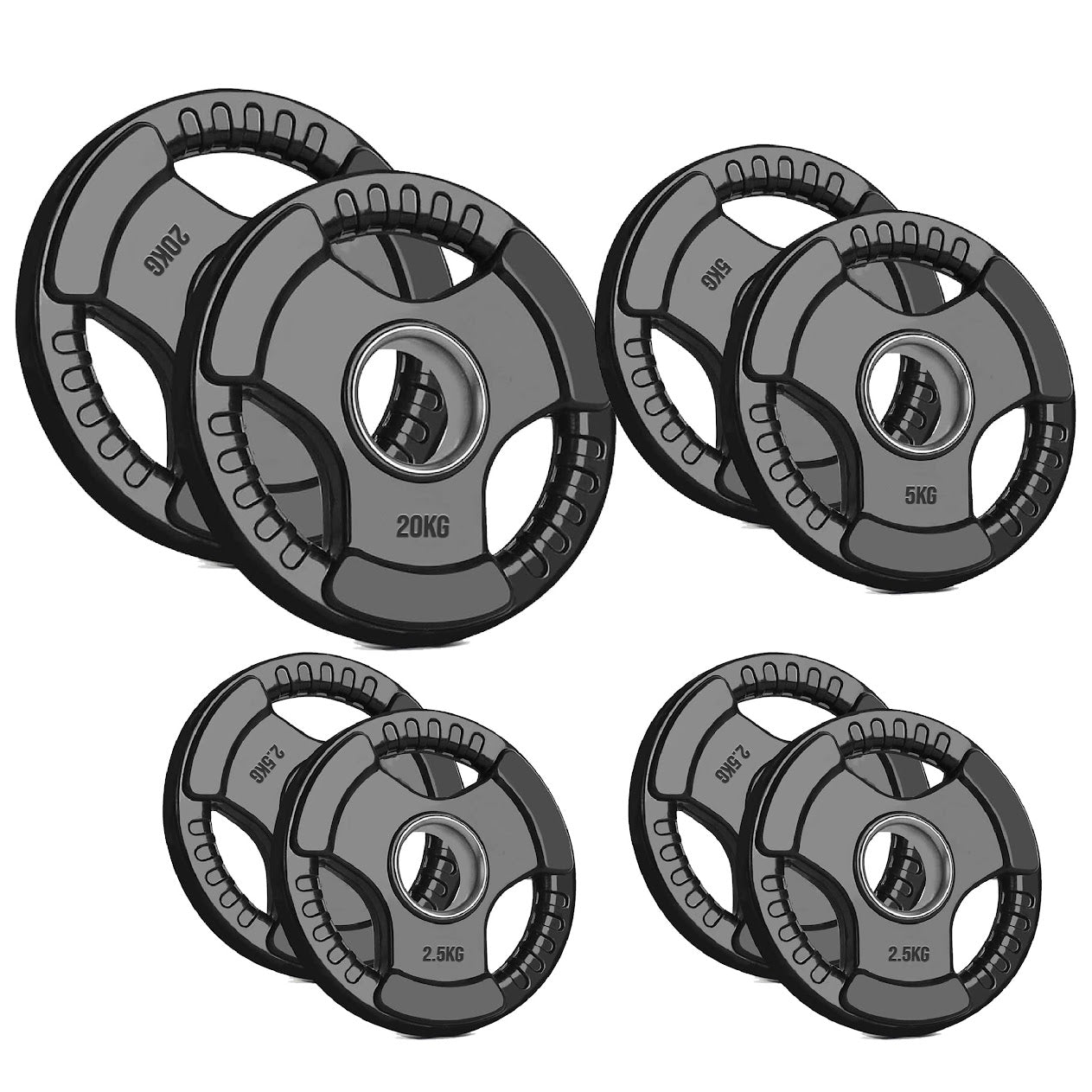 Rubber-Coated Cast Iron Tri‑Grip Olympic Weight Plates – Ergonomic 2‑Hole Design for Barbell & Dumbbell Strength Training in Home Gym