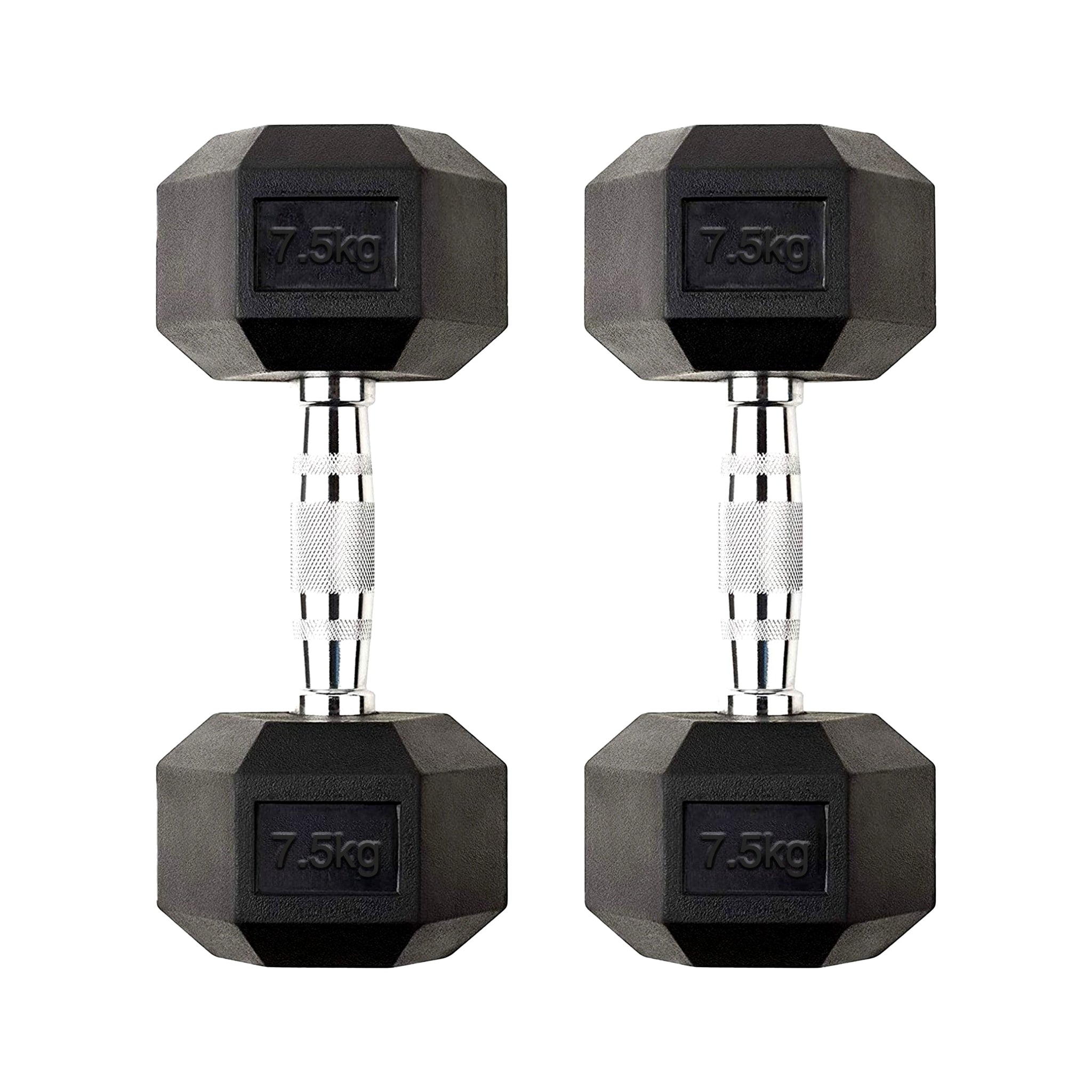 Home Gym 7.5kg Dumbbell Compact Rubber Coated Hex Weights with Cast Iron Core & Knurled Chrome Handles