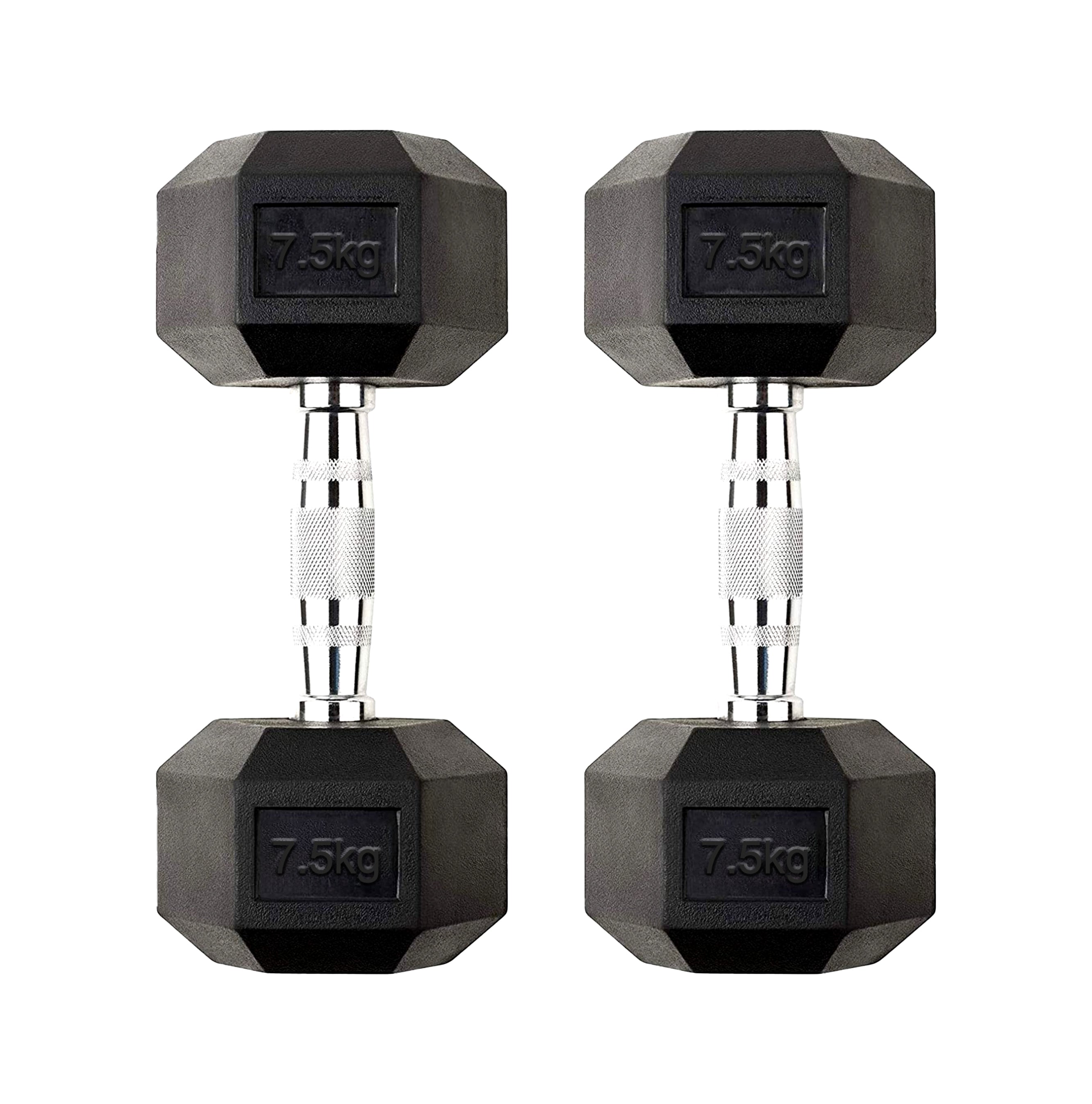Home Gym 7.5kg Dumbbell Compact Rubber Coated Hex Weights with Cast Iron Core & Knurled Chrome Handles